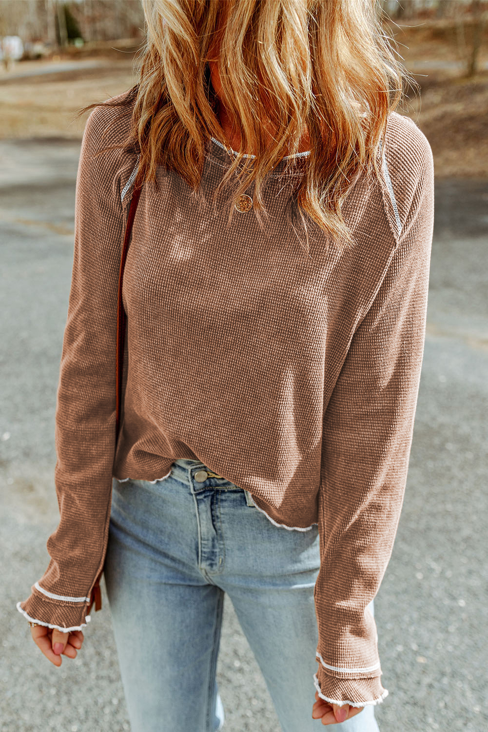 Smoke Gray Textured Round Neck Long Sleeve Top