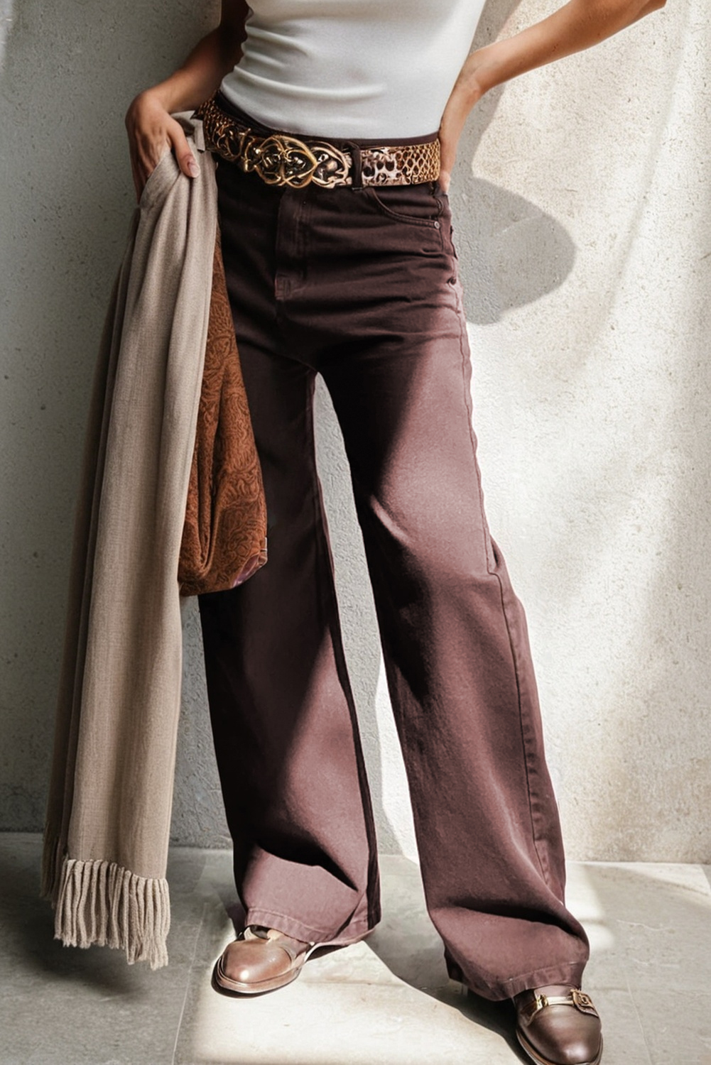 Coffee Loose Straight High Waist Solid Color Jeans