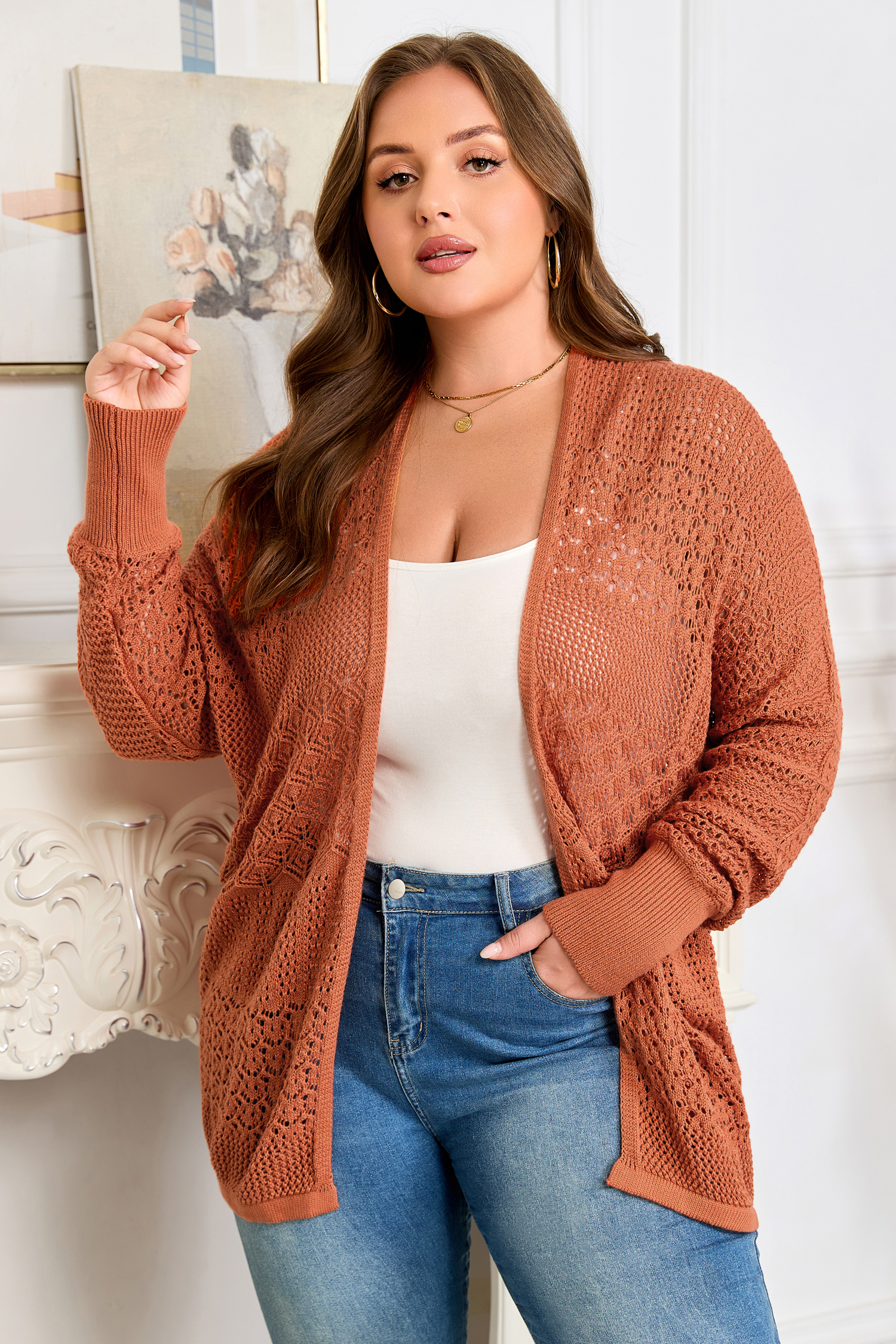 Redwood Burl Mixed Pattern Knitted Open Front Plus Cardigan