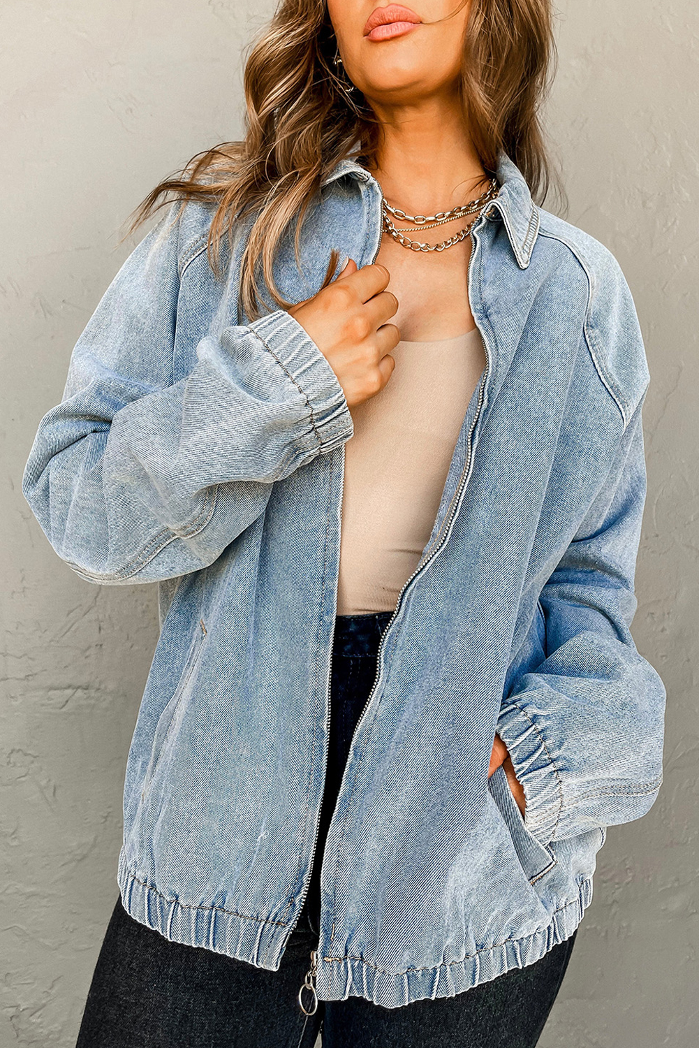 Myosotis Elastic Edge Collared Zip Up Denim Jacket With Pocket