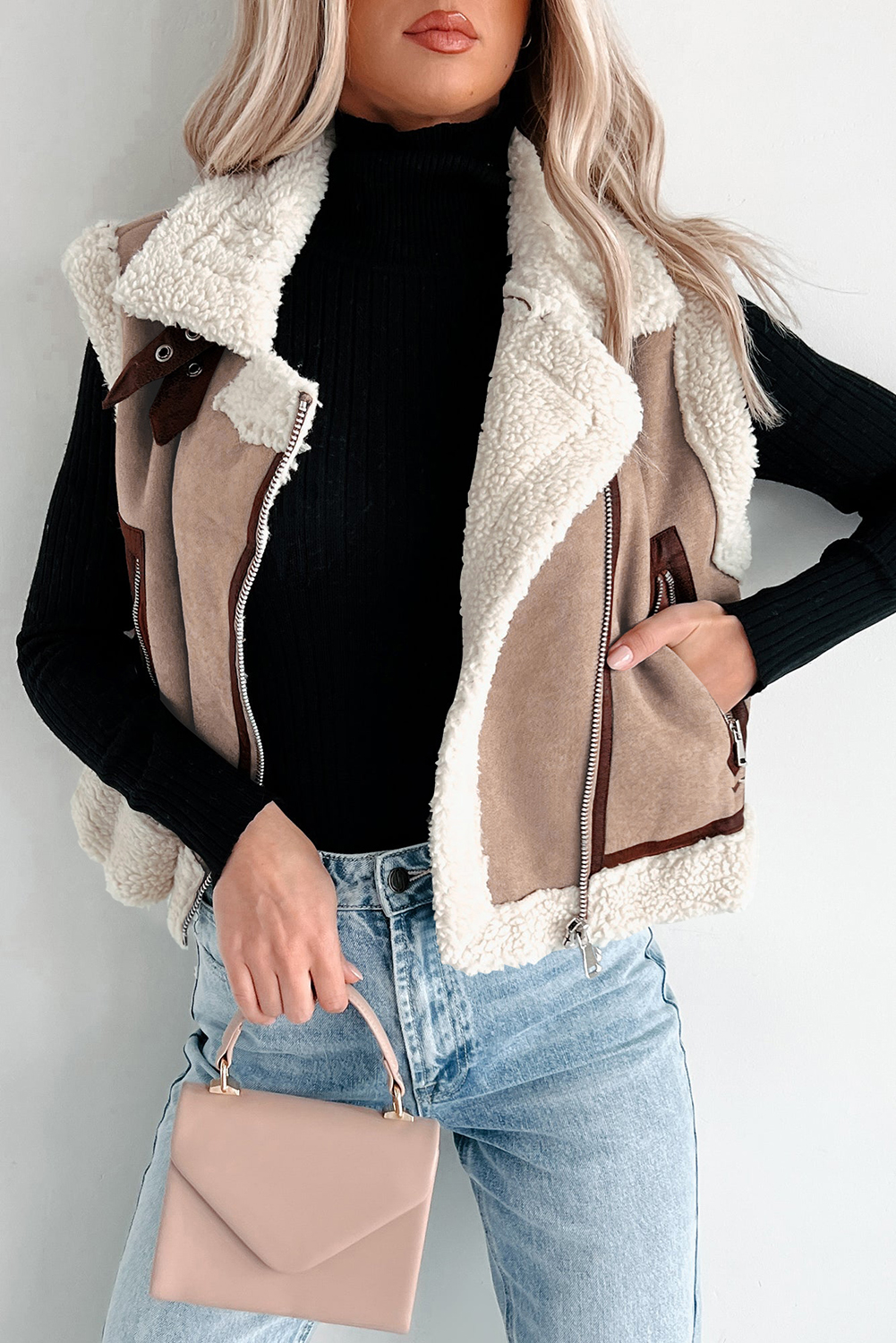 Dark Khaki Sherpa Lined Faux Suede Lapel Collar Vest