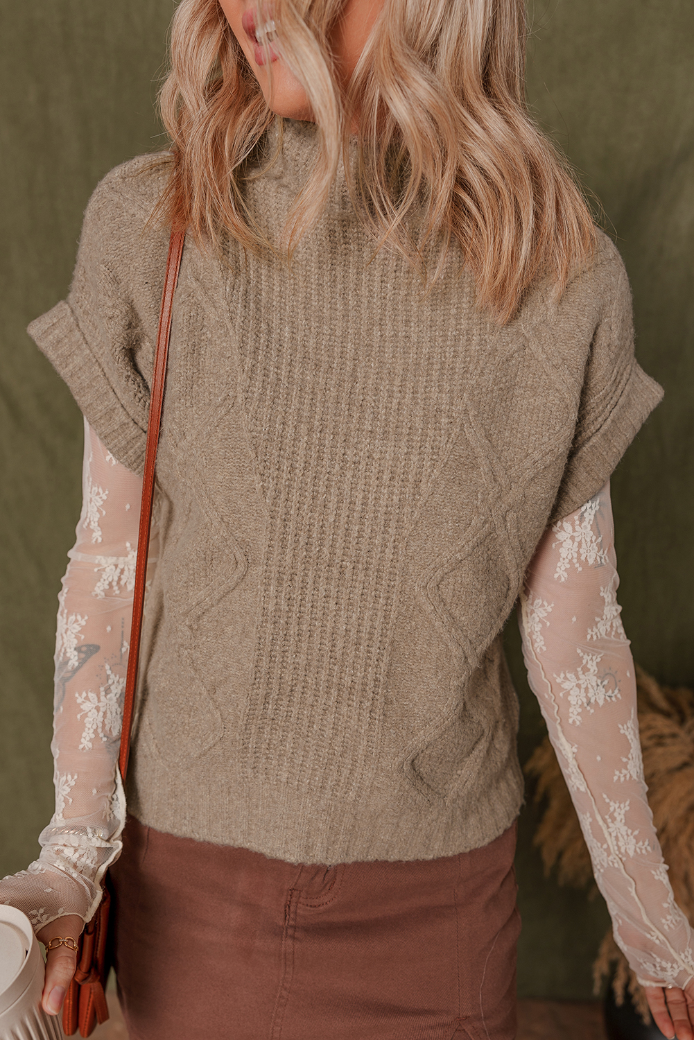 Smoke Gray Textured Knit High Neck Sweater T Shirt