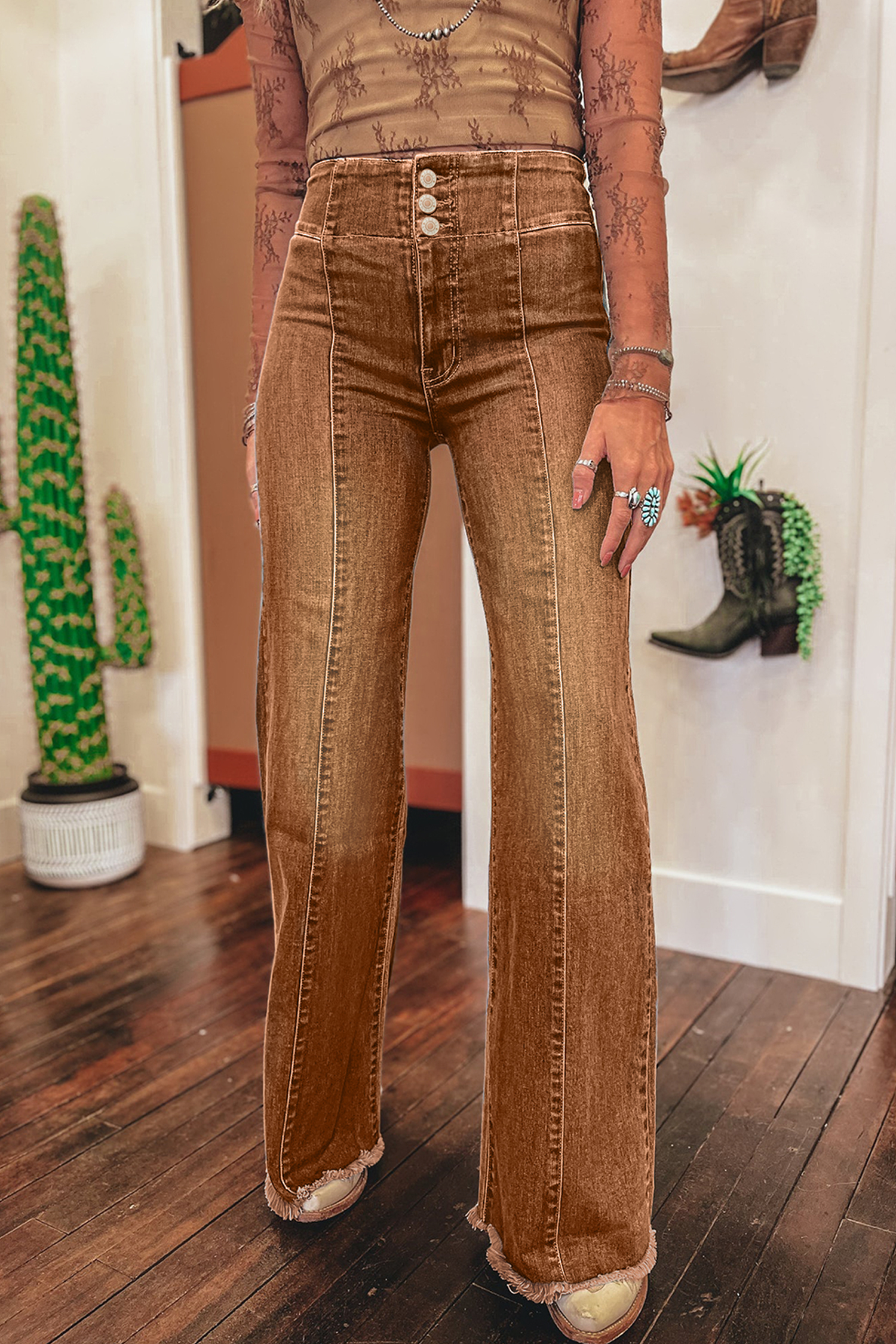 Coffee High Waist Button Fly Seamed Raw Hem Flare Jeans