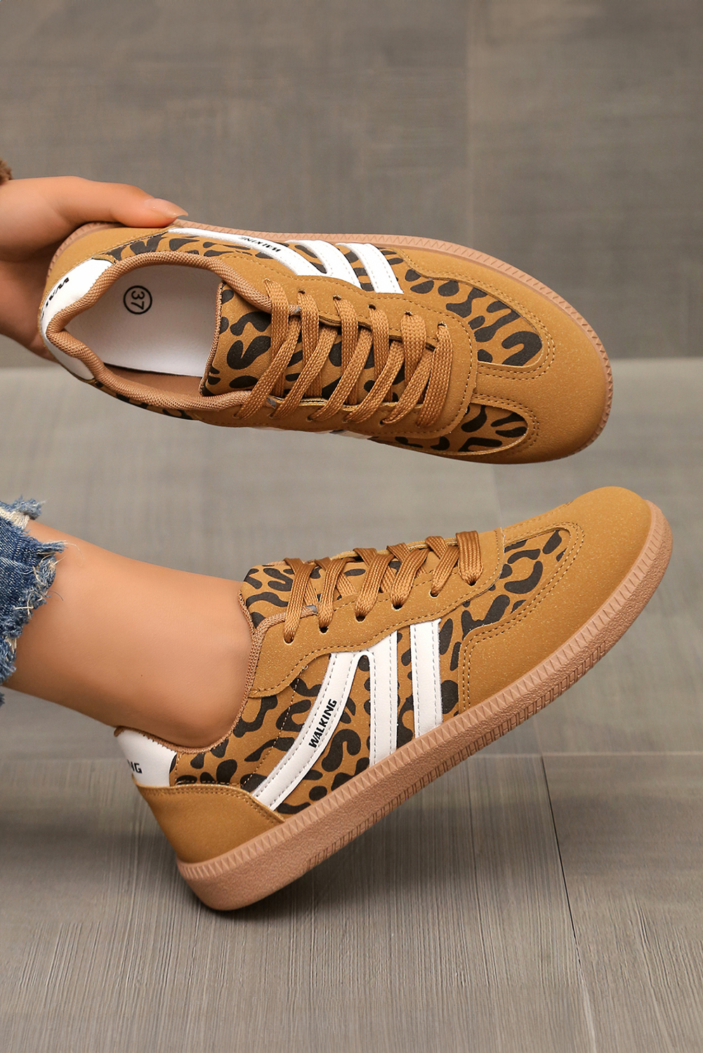 Thai Curry PU Leather Leopard Patchwork Contrast Detail Lace-up Shoes