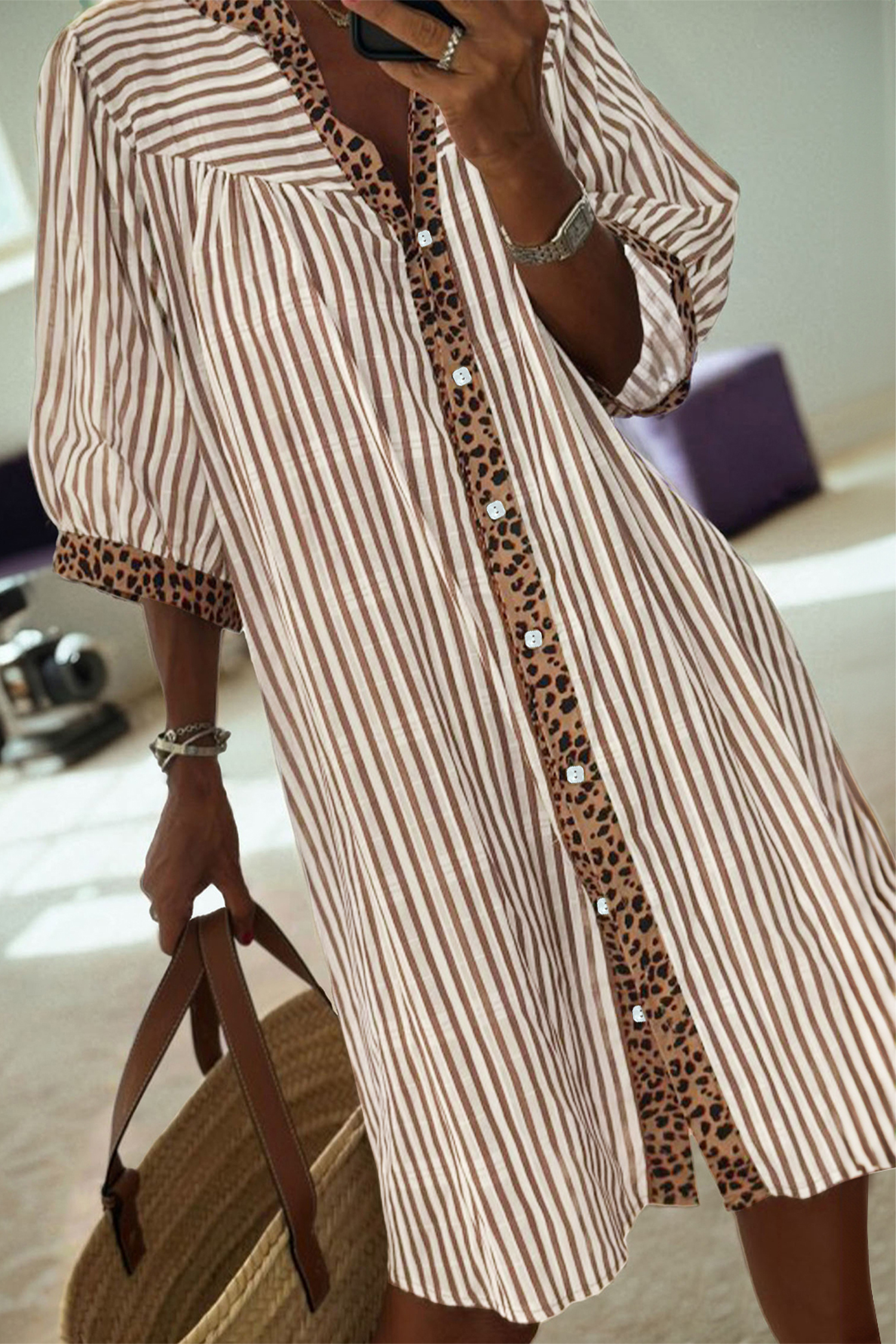 Khaki Stripe Square Button Leopard Trim Loose Bracelet Sleeve Shirt Dress