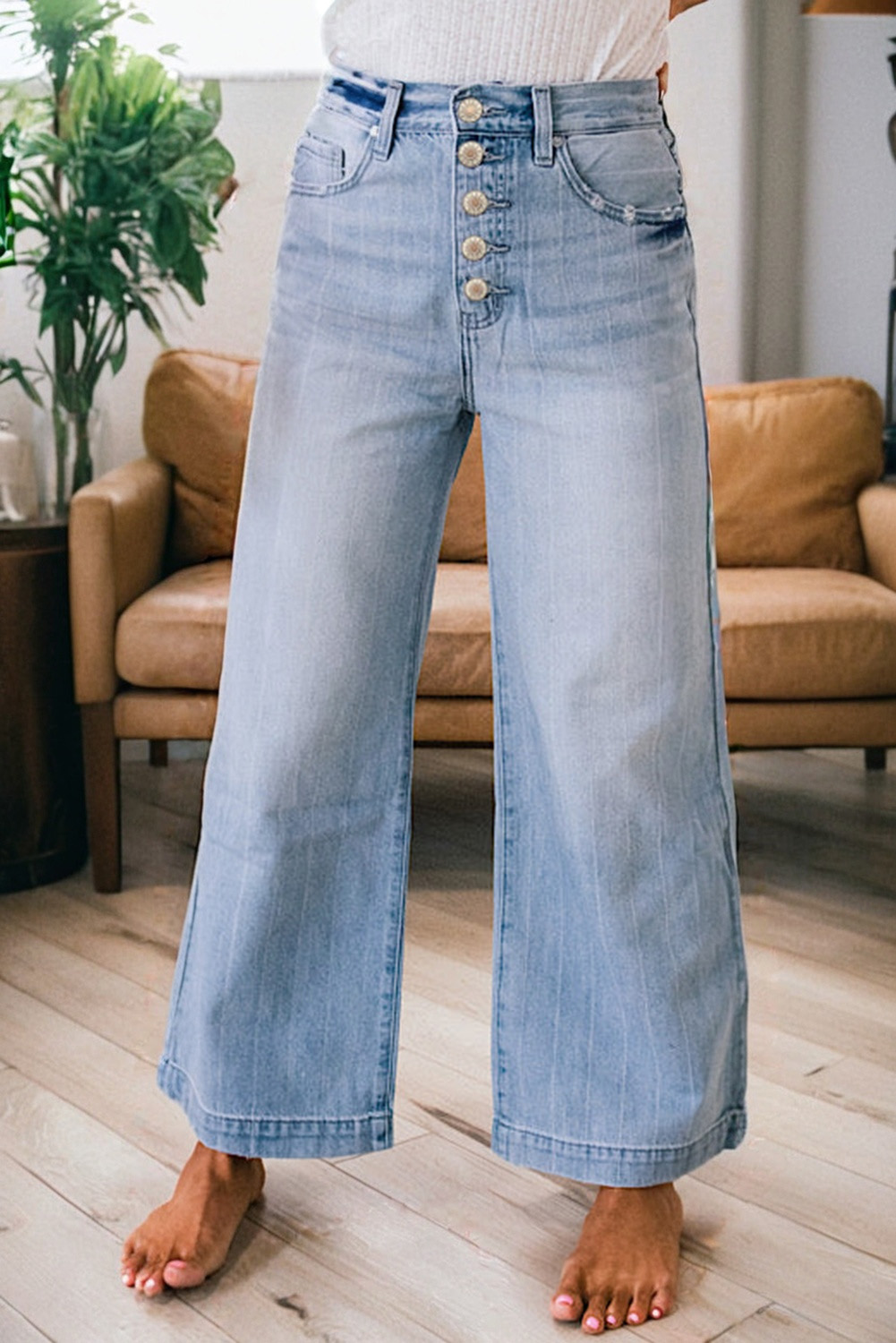 Beau Blue Multi Buttons Pinstripe Wide Leg Jeans