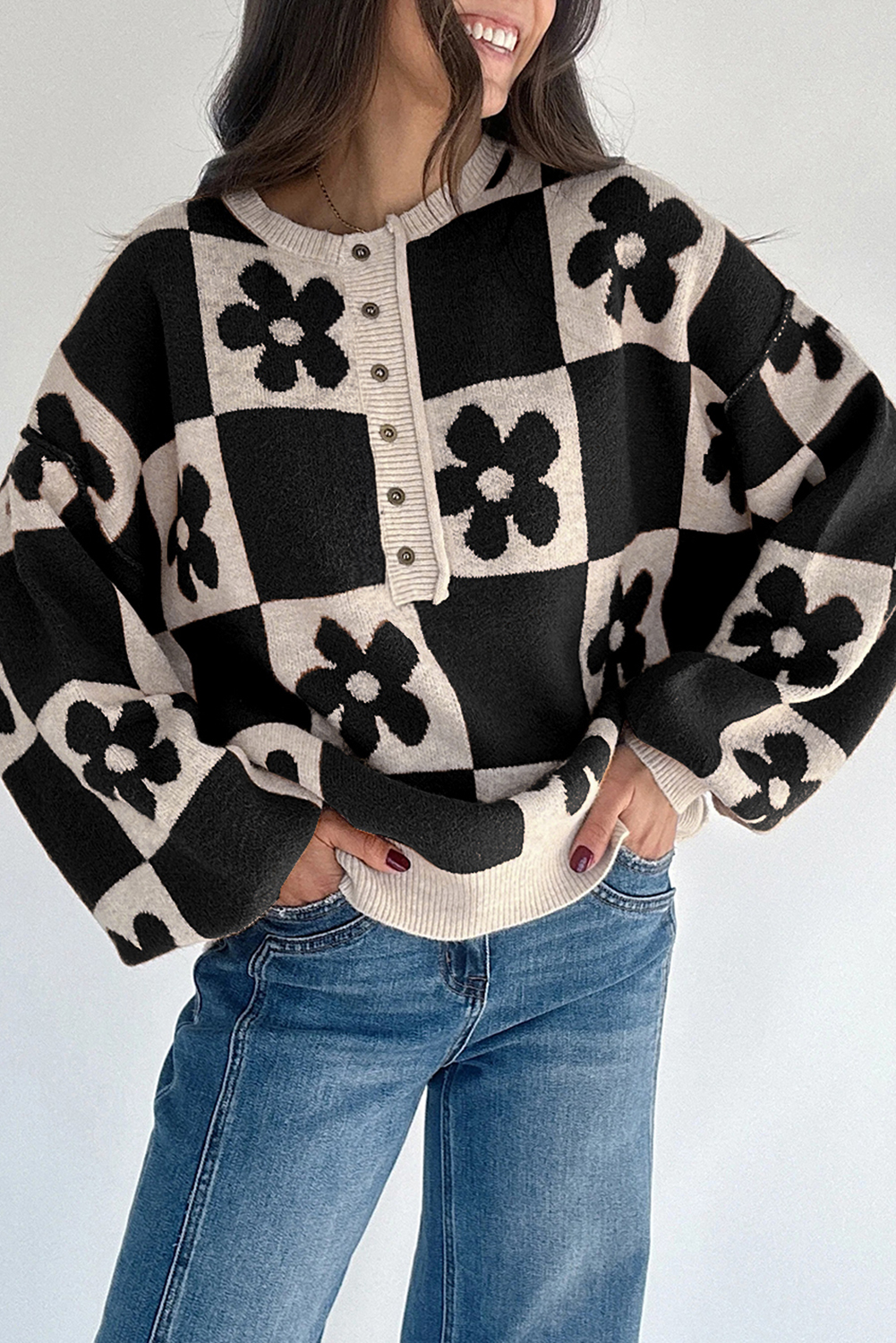 Black Flower Plaid Henley Baggy Sweater