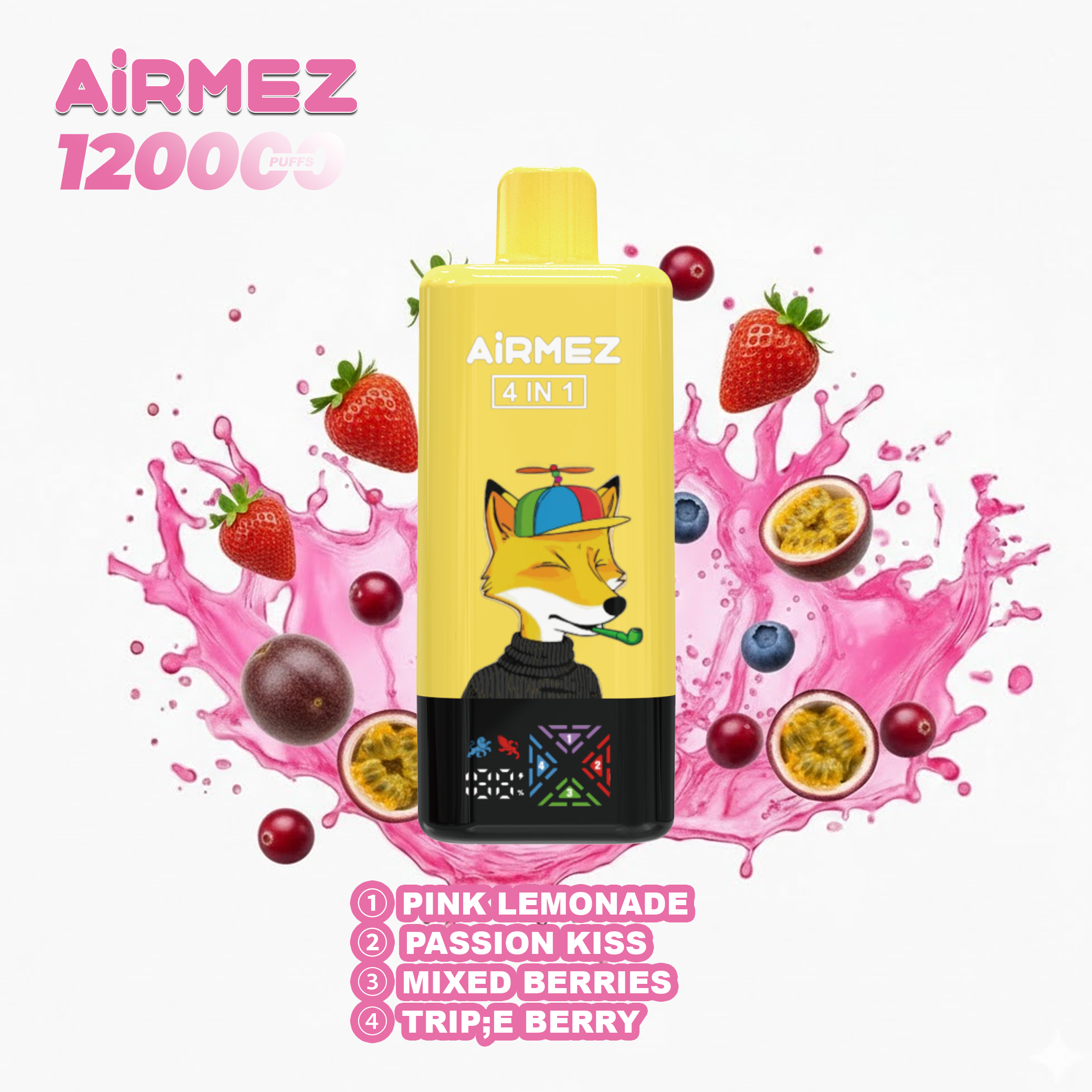 Airmez Fox 4-in-1 (120K Puffs) - Pink Lemonade & Passion Kiss & Mixed Berries & Triple Berry