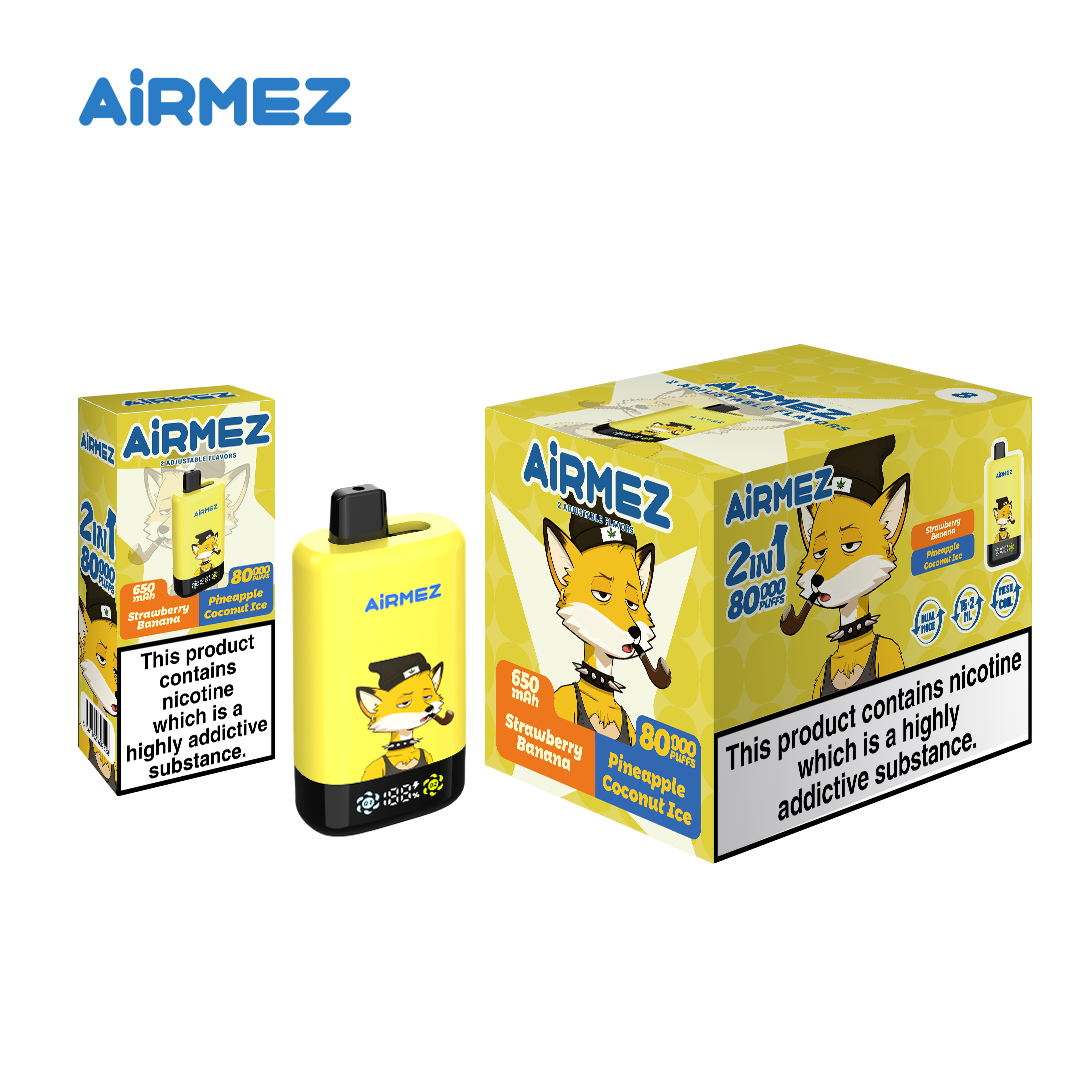 AiRMEZ Fox 2-in-1 Pro 80K Strawberry Banana & Pineapple Coconut Ice device and packaging