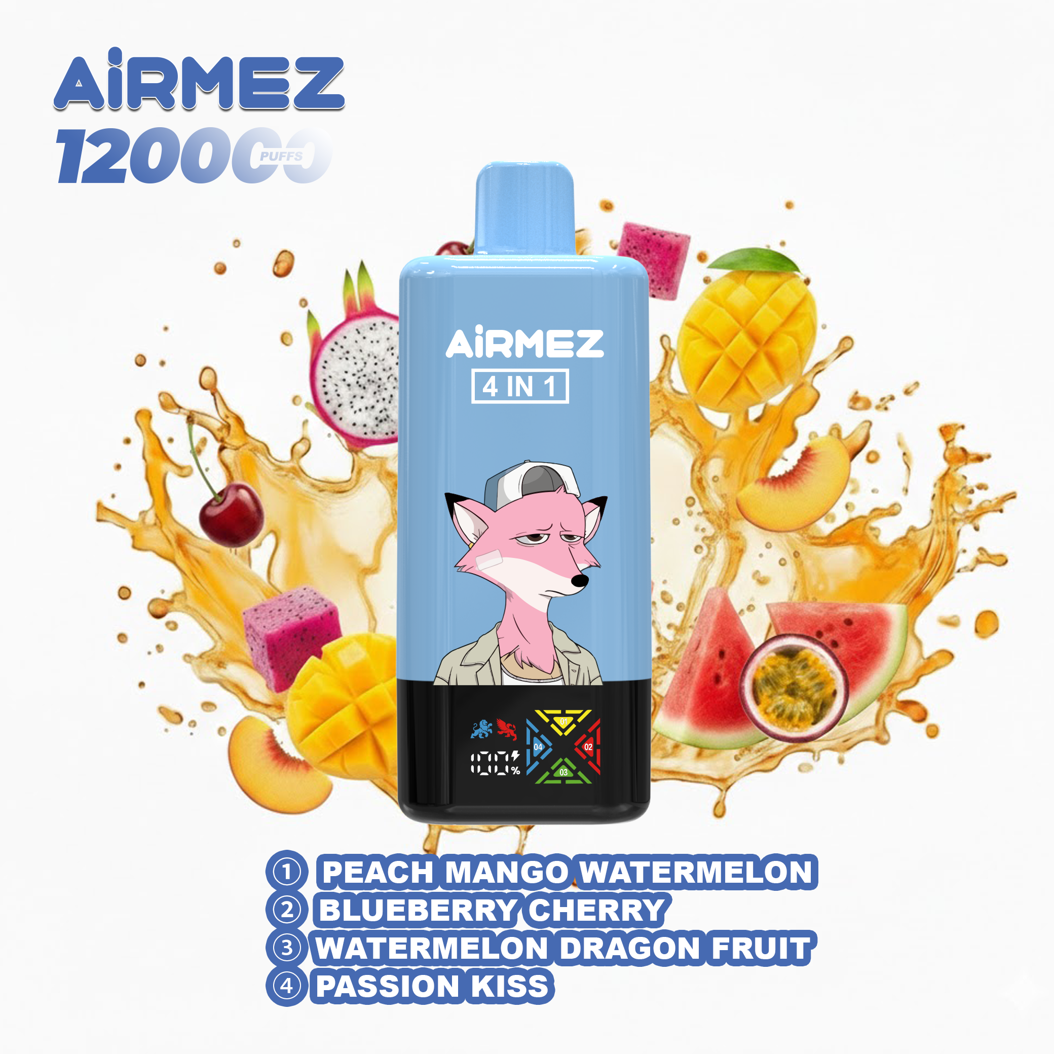 Airmez Fox 4-in-1 (120K Puffs) - Peach Mango Watermelon & Blueberry Cherry & Watermelon Dragon Fruit & Passion Kiss