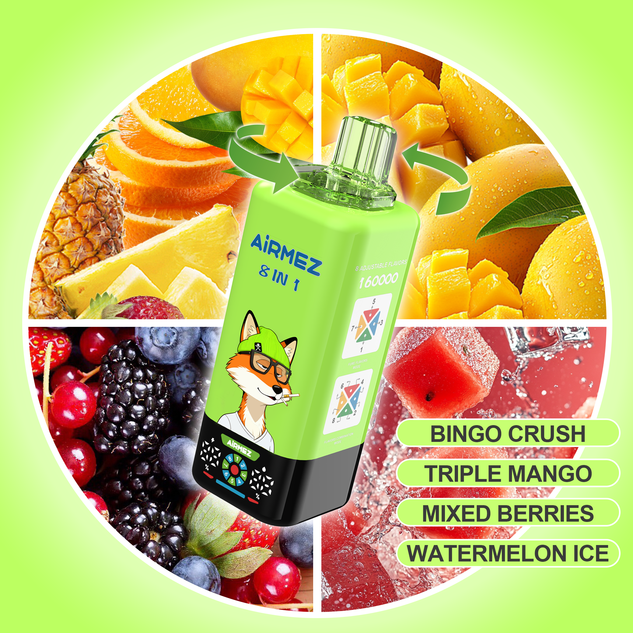 AIRMEZ FOX 8 IN 1 vape selection 10 Mango Ice Fizzy Cherry Cola Strawberry Raspberry Mixed Berries 160000 puffs vape