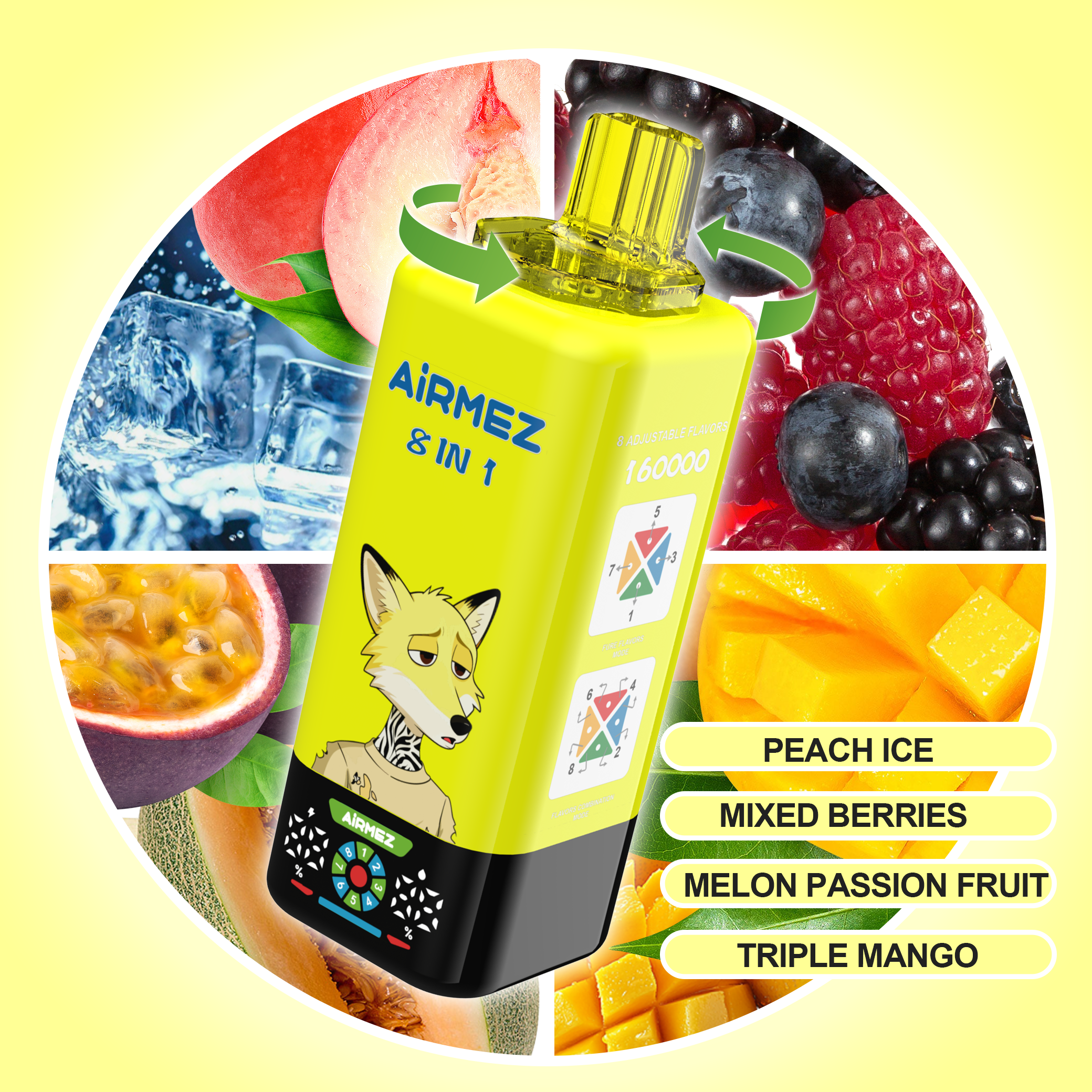 AIRMEZ FOX 8 IN 1 vape selection 9 Peach Ice Mixed Berries Melon Passion Fruit Triple Mango rechargeable vape device