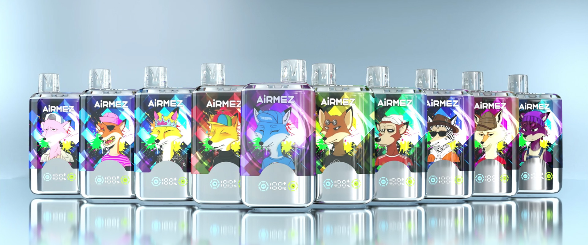 Airmez Fox 2 in 1 Disposable Vape 80000 Puffs Banner featuring Mirror Finish Design and Multiple Fruit Flavors Collection