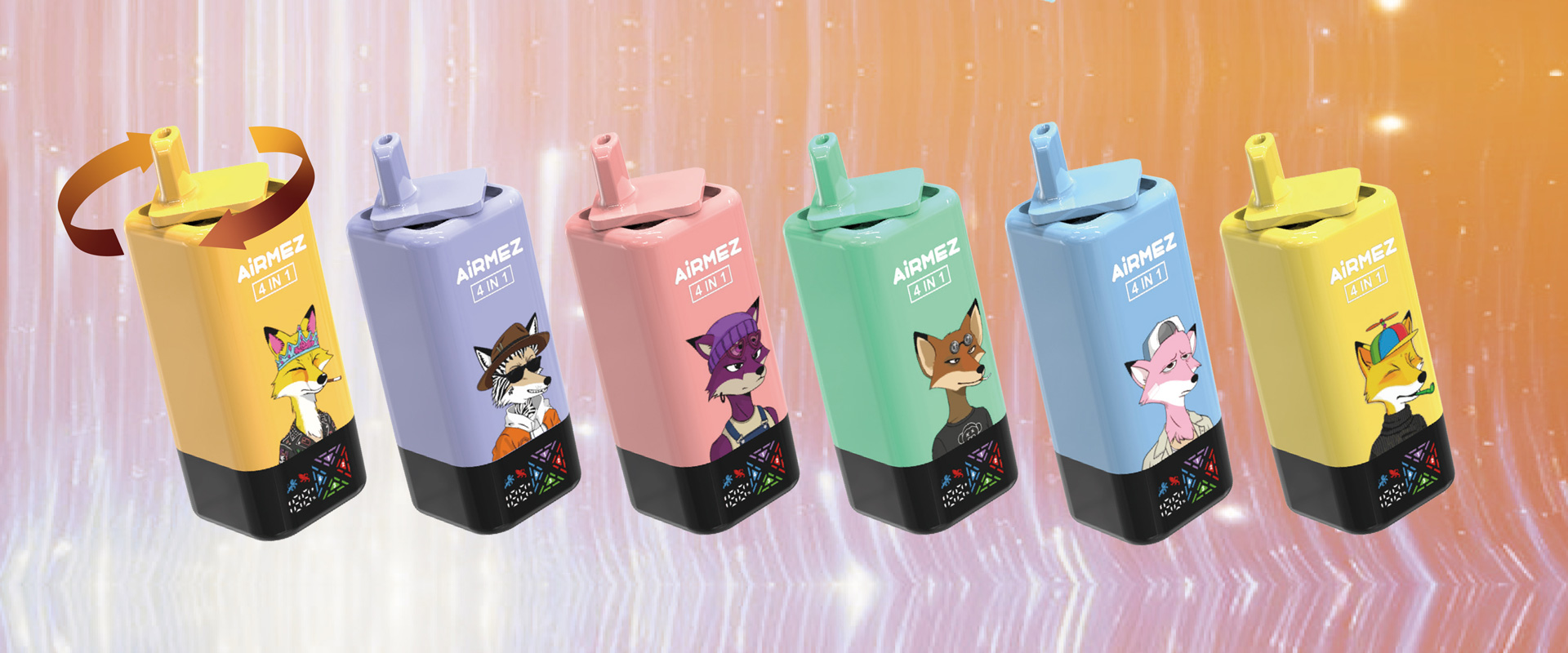 Airmez Fox 4 in 1 Disposable Vape 120000 Puffs Homepage Banner showcasing Colorful Devices with High Capacity and 4 Flavors in One