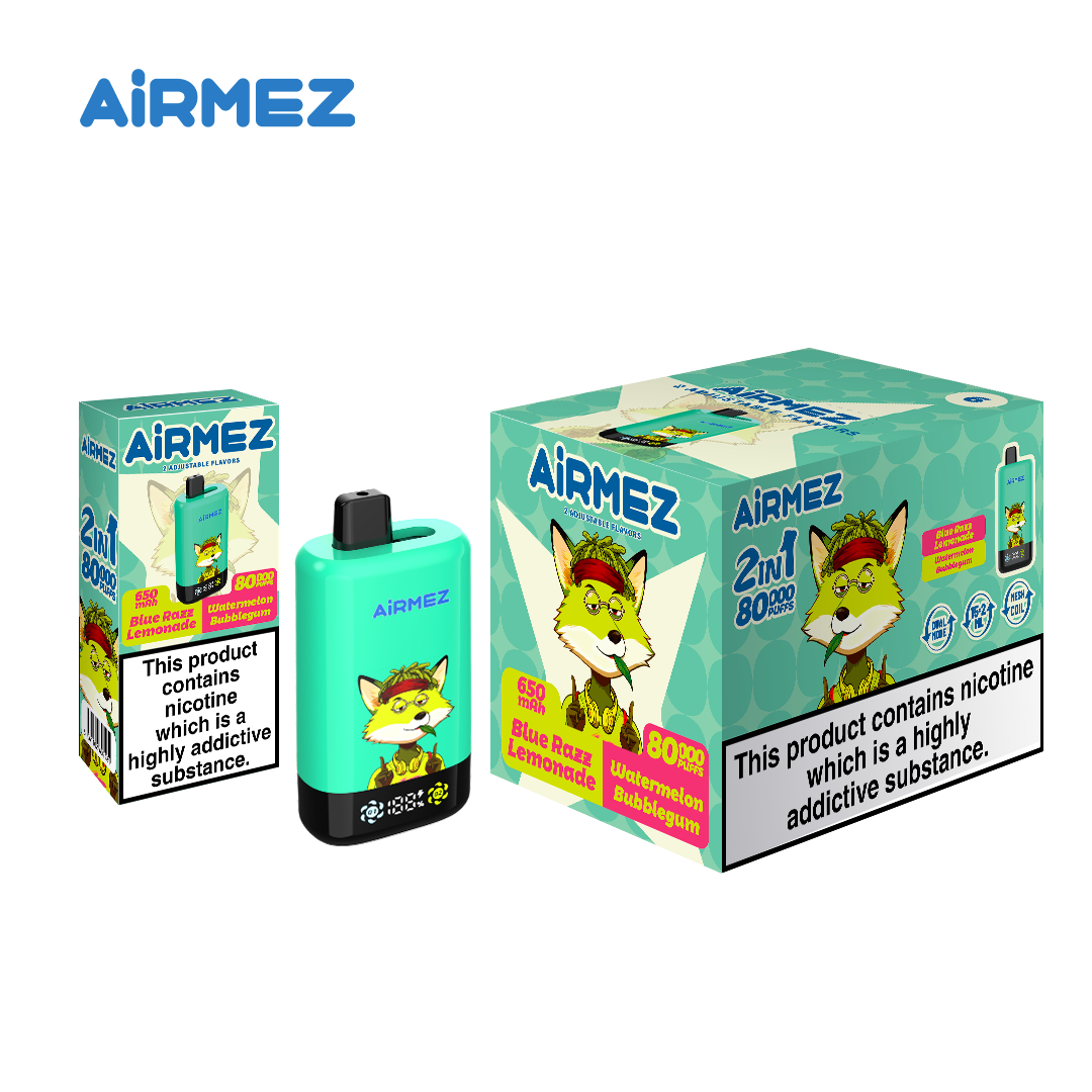 AiRMEZ Fox 2-in-1 Pro 80K Blue Razz Lemonade & Watermelon Bubblegum device and packaging