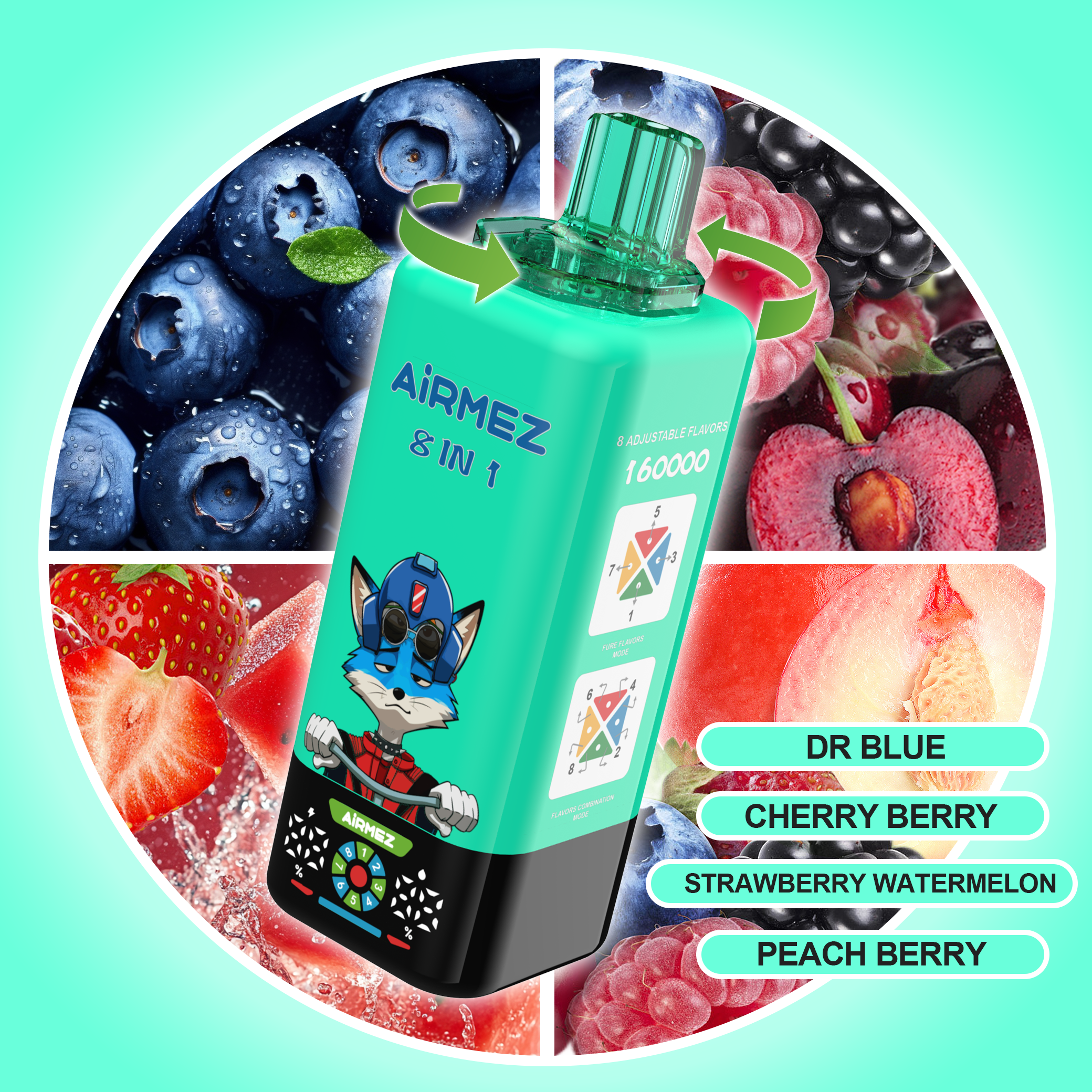 AIRMEZ FOX 8 IN 1 vape selection 8 Dr Blue Cherry Berry Strawberry Watermelon Peach Berry disposable vape 8 in 1 system
