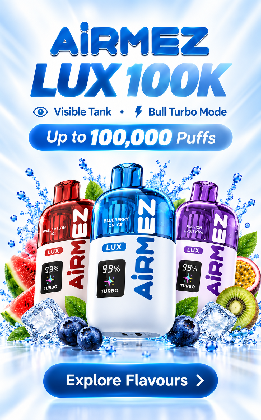 AiRMEZ Lux 100K flavour lineup with visible tank and Bull Turbo Mode