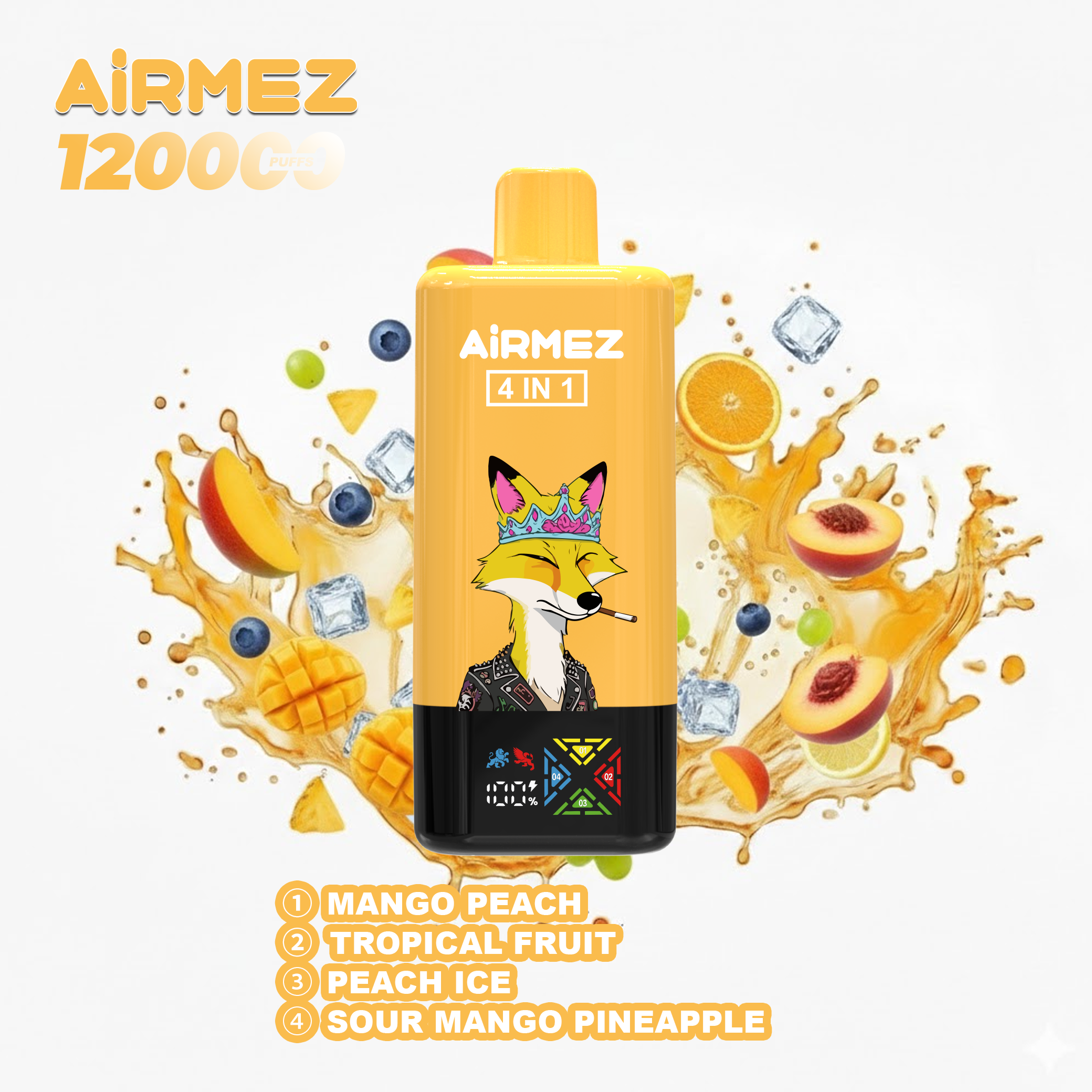 Airmez Fox 4-in-1 (120K Puffs) - Mango Peach & Tropical Fruit & Peach Ice & Sour Mango Pineapple