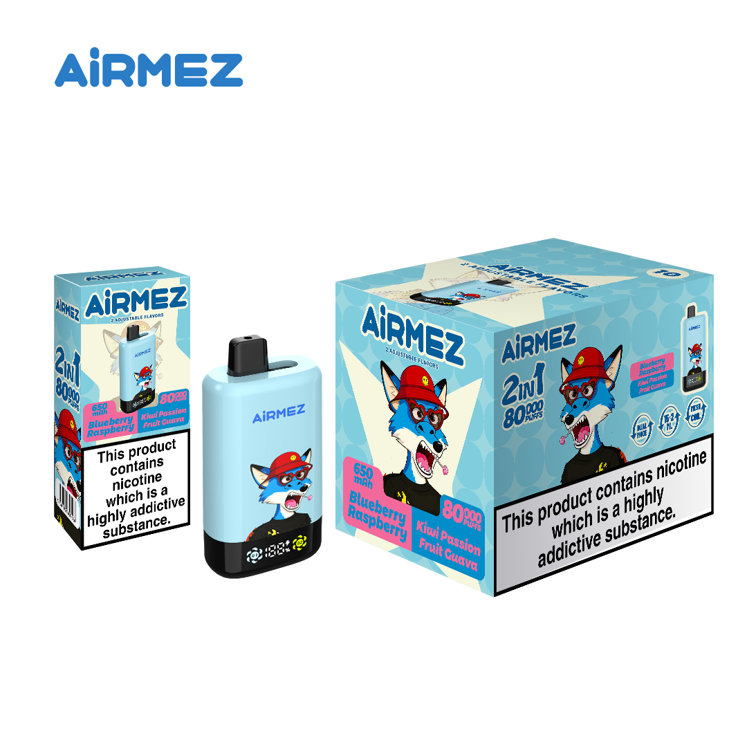 AiRMEZ Fox 2-in-1 Pro 80K Blueberry Raspberry & Kiwi Passion Fruit Guava device and packaging