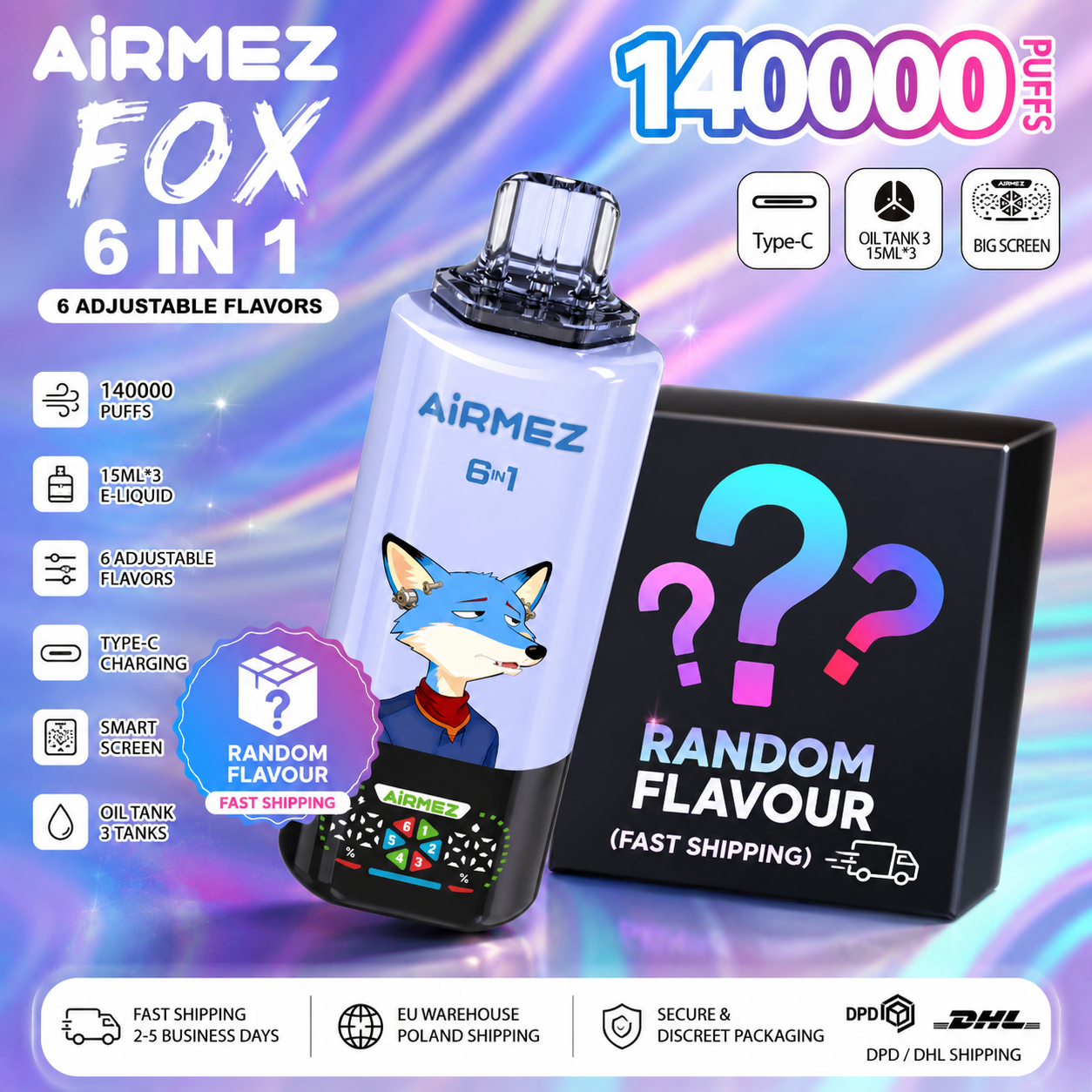 AiRMEZ FOX 6 In 1 140K Puffs Random Flavour Disposable Vape – Surprise Flavor Selection with Fast Shipping from Poland EU Warehouse