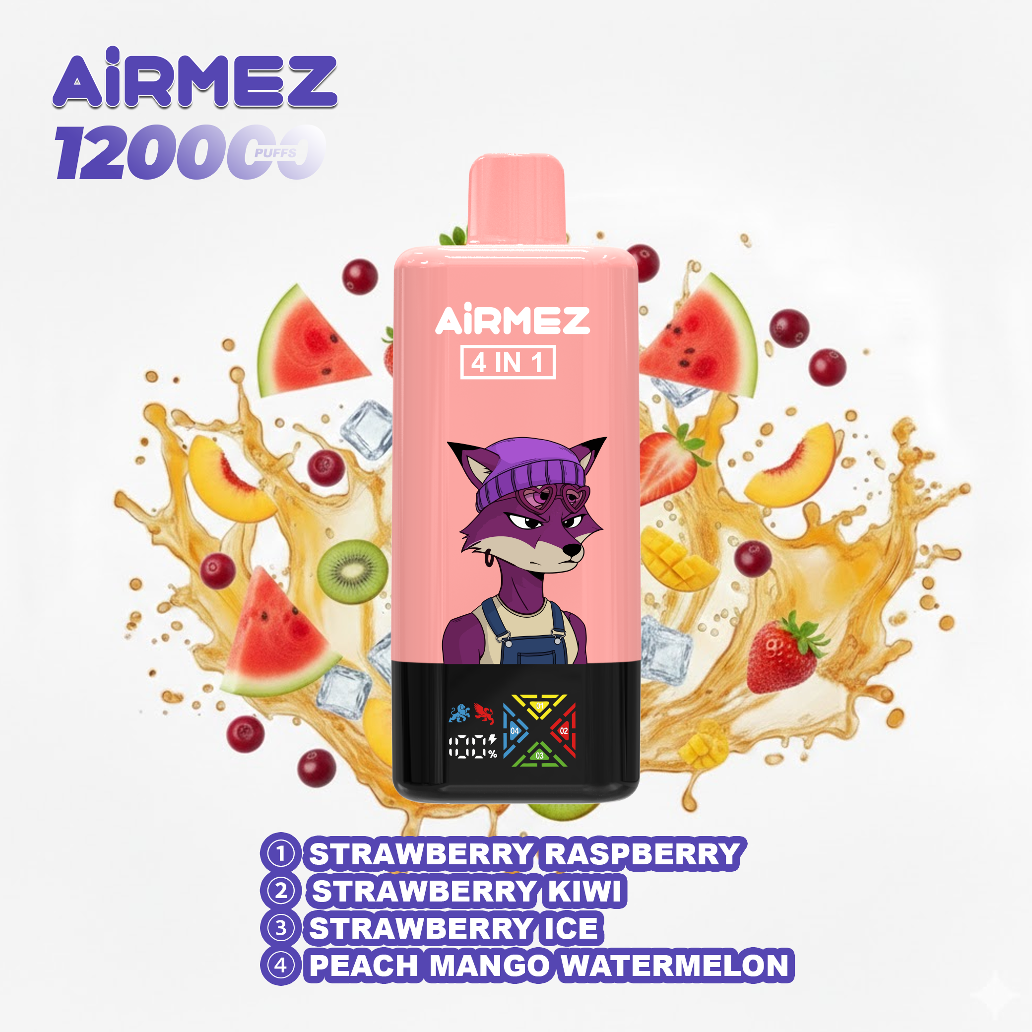 Airmez Fox 4-in-1 (120K Puffs) - Strawberry Raspberry & Strawberry Kiwi & Strawberry Ice & Peach Mango Watermelon