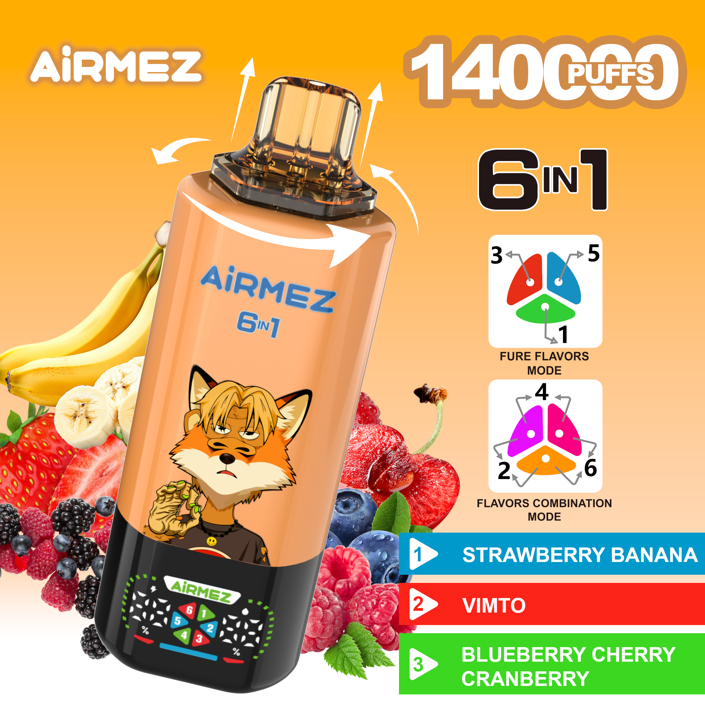 Airmez Fox 6-in-1 160K Puffs Disposable Vape Full Flavours Ship From EU