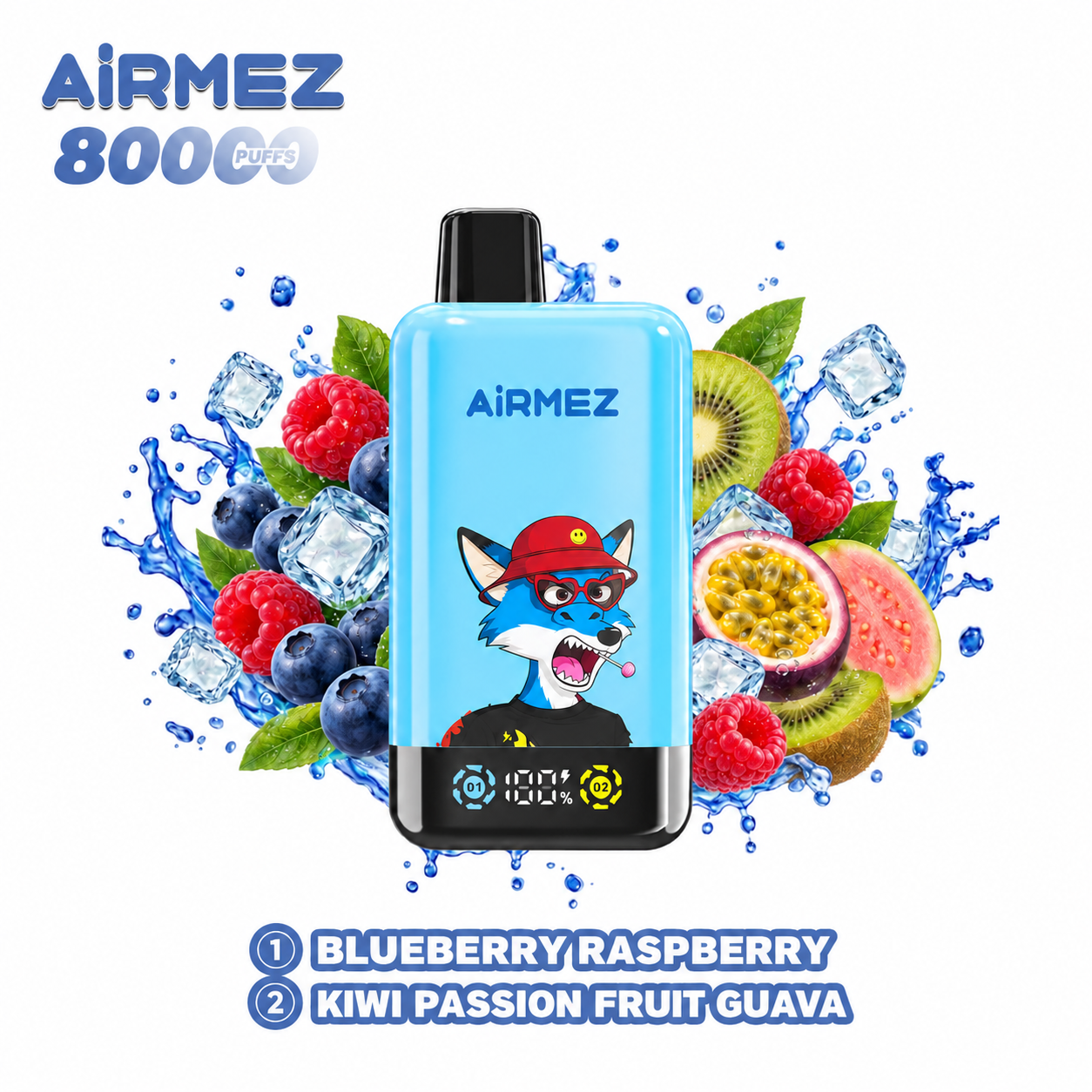 AiRMEZ Fox 2-in-1 Pro 80K Blueberry Raspberry & Kiwi Passion Fruit Guava dual flavor