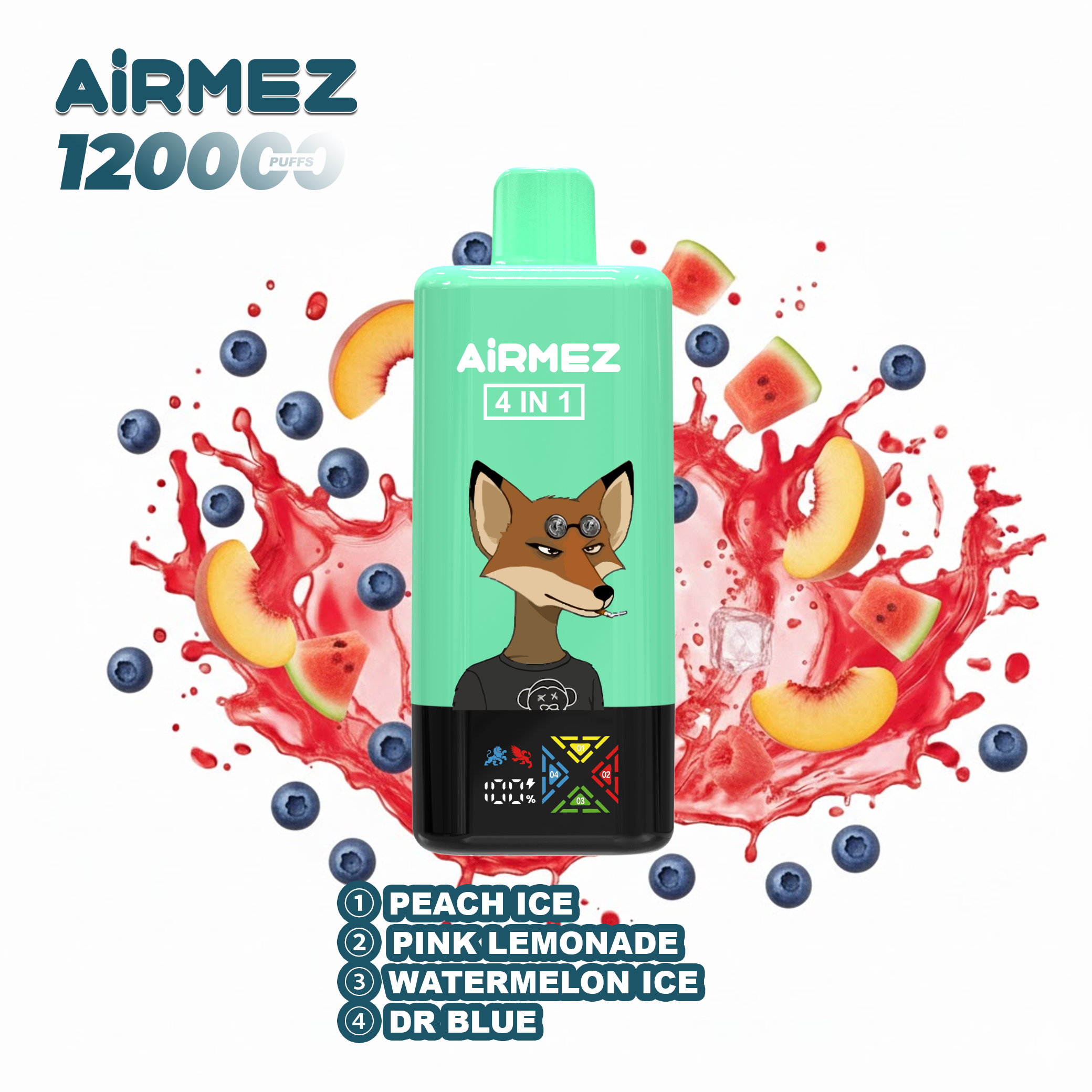 Airmez Fox 4-in-1 (120K Puffs) - Peach Ice & Pink Lemonade & Watermelon Ice & Dr Blue