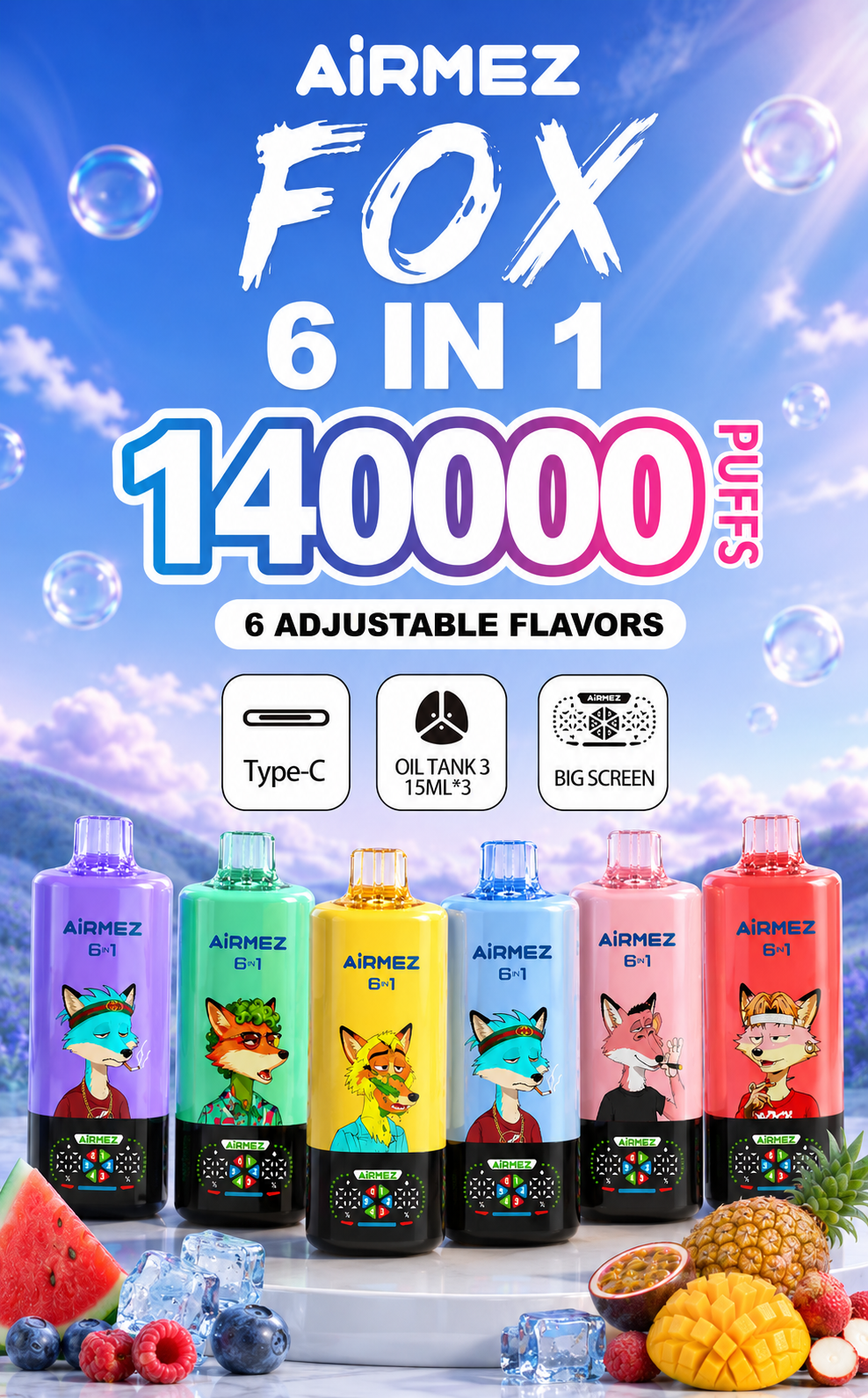 Airmez Fox 6-in-1 140K Puffs disposable vape mobile banner featuring six adjustable flavors, Type-C charging, smart screen and colorful device designs
