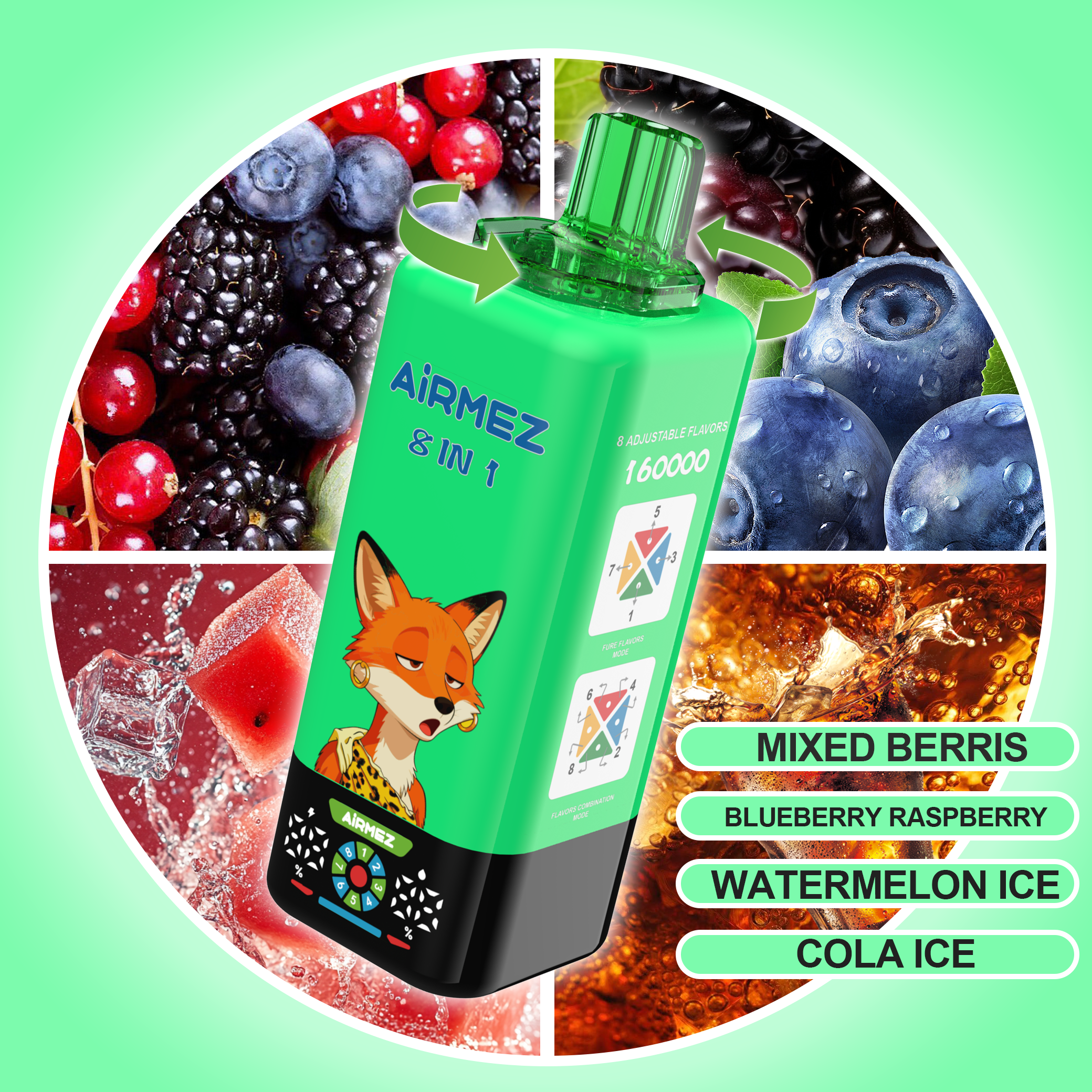 AIRMEZ FOX 8 IN 1 vape selection 4 Mixed Berries Blueberry Raspberry Watermelon Ice Cola Ice 160K puffs vape