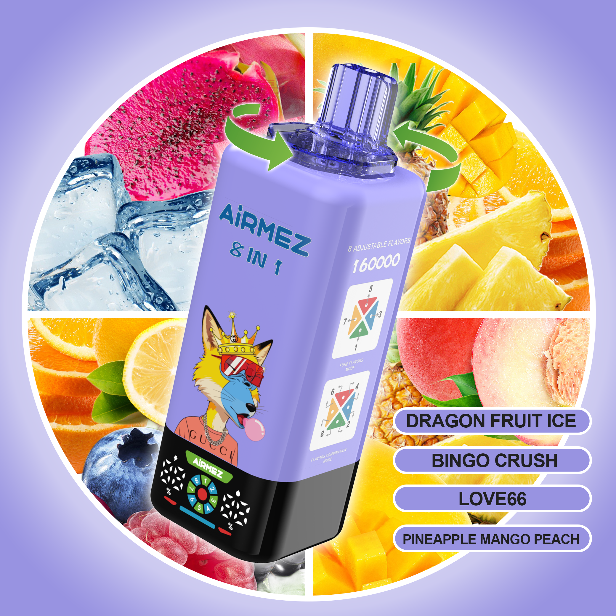 AIRMEZ FOX 8 IN 1 vape selection 7 Dragon Fruit Ice Bingo Crush Love66 Pineapple Mango Peach quad tank vape device