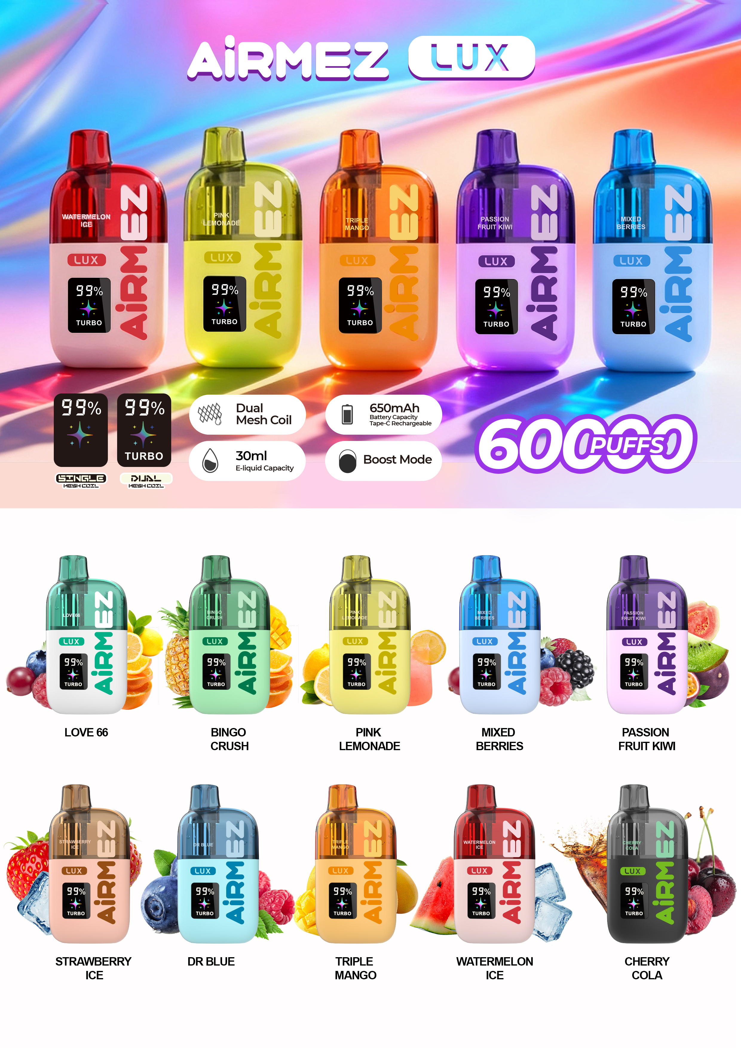 Airmez Lux 60000 Puffs Disposable Vape - Dual Mode - EU Stock