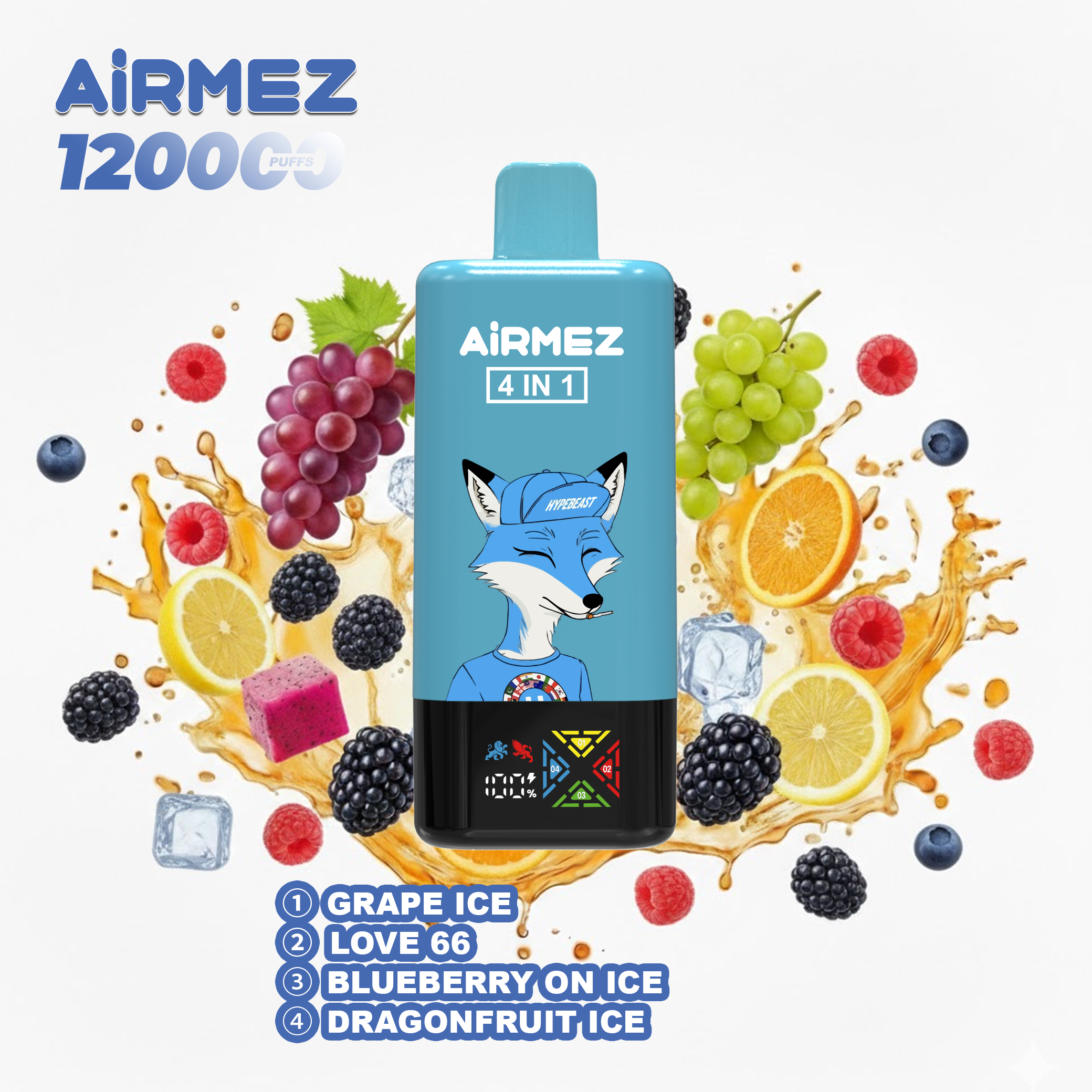 Airmez Fox 4-in-1 (120K Puffs) - Grape Ice & Love 66 & Blueberry On Ice & Dragonfruit Ice