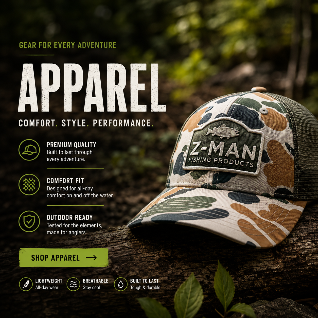 Outdoor fishing apparel at Tackle Warehouse America featuring breathable hats, shirts, and performance gear for anglers.