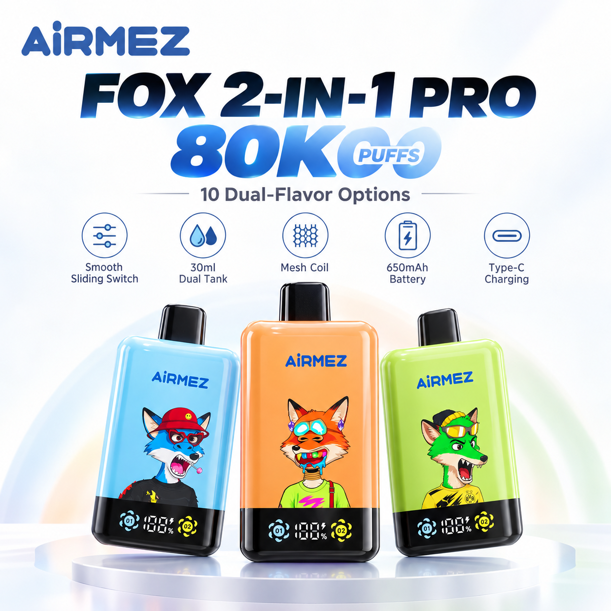 AiRMEZ Fox 2-in-1 Pro 80K dual-flavor vape with smooth sliding switch and 30ml dual tank.Ship from Poland warehouse