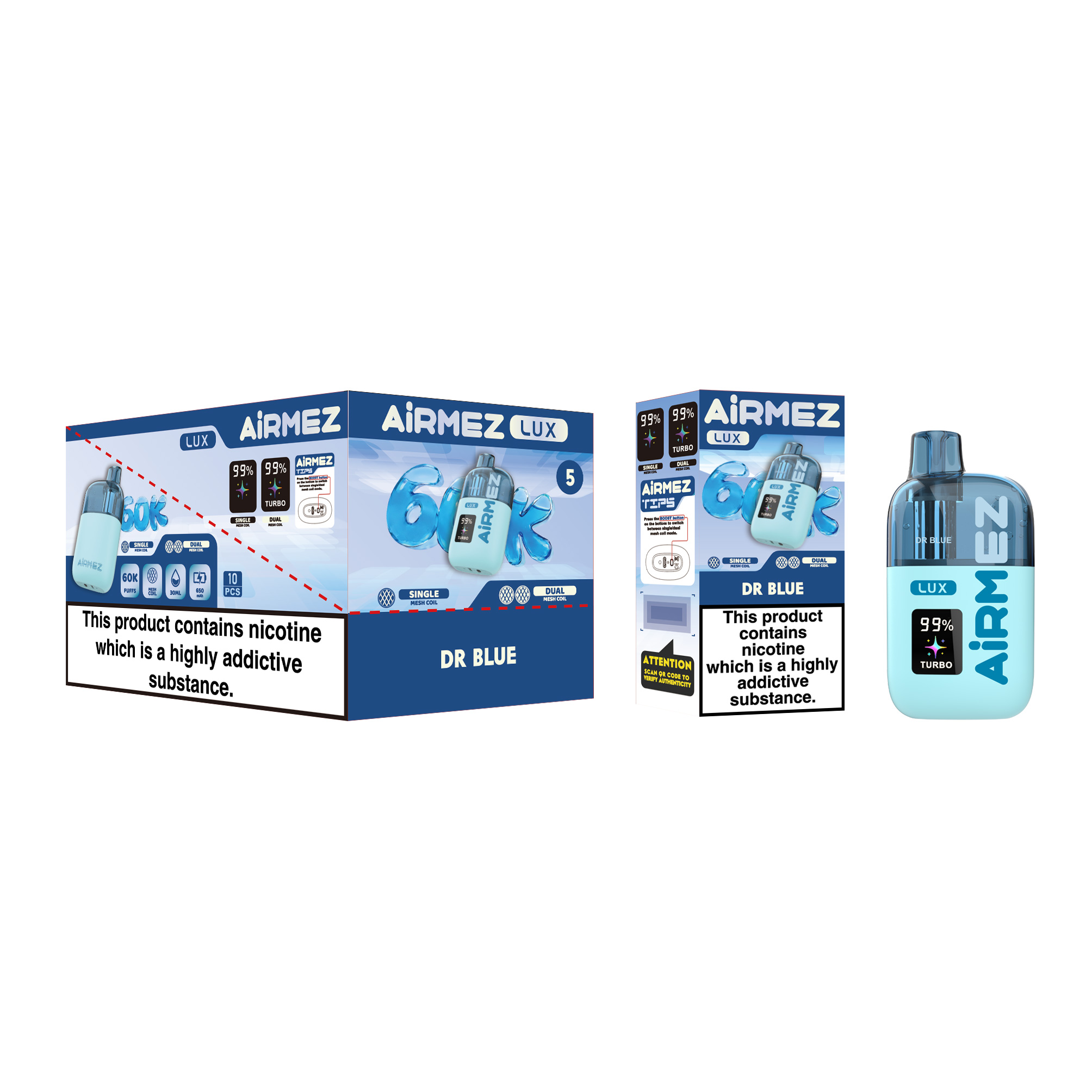 Airmez Lux 60000 Dr Blue Single Box and 10pcs Display Box