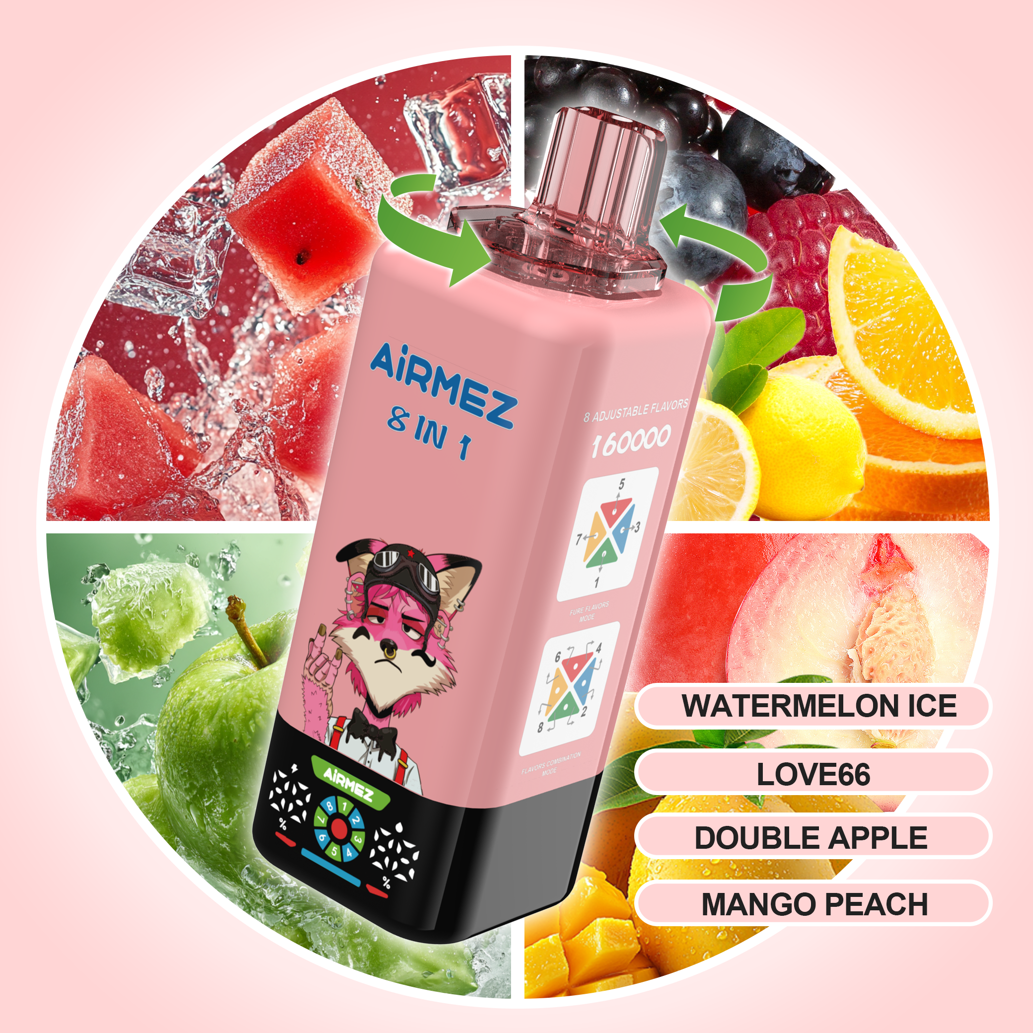 AIRMEZ FOX 8 IN 1 vape selection 3 Watermelon Ice Love66 Double Apple Mango Peach 8 in 1 disposable vape device