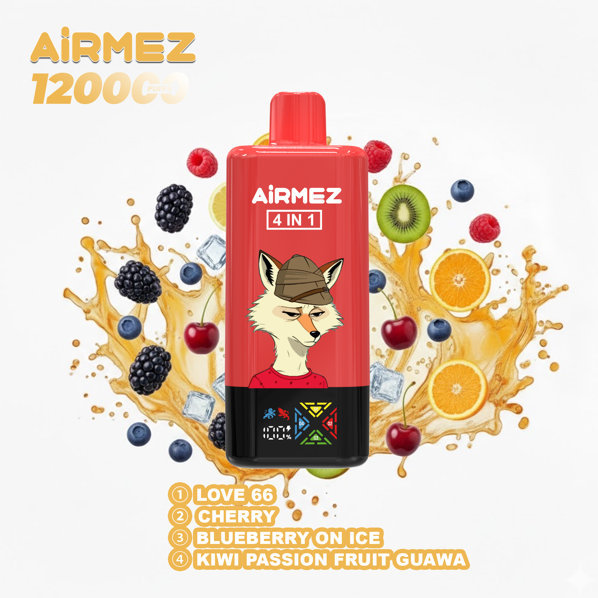 Airmez Fox 4-in-1 (120K Puffs) - Love 66 & Cherry & Blueberry On Ice & Kiwi Passion Fruit Guava