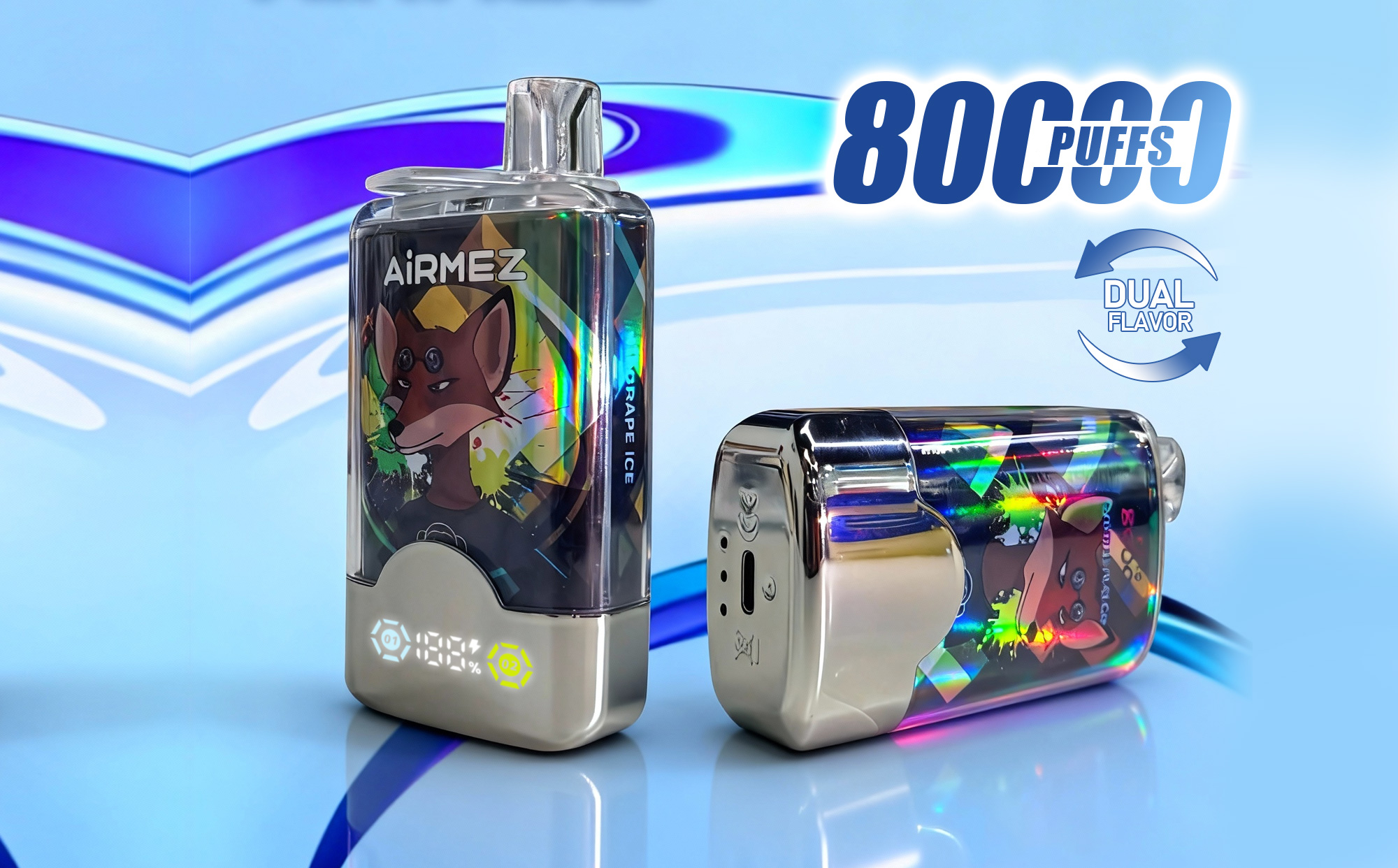 Airmez Fox 2 in 1 Disposable Vape 80000 Puffs Mobile Banner with Dual Flavor Switch Feature and Glossy Mirror Design