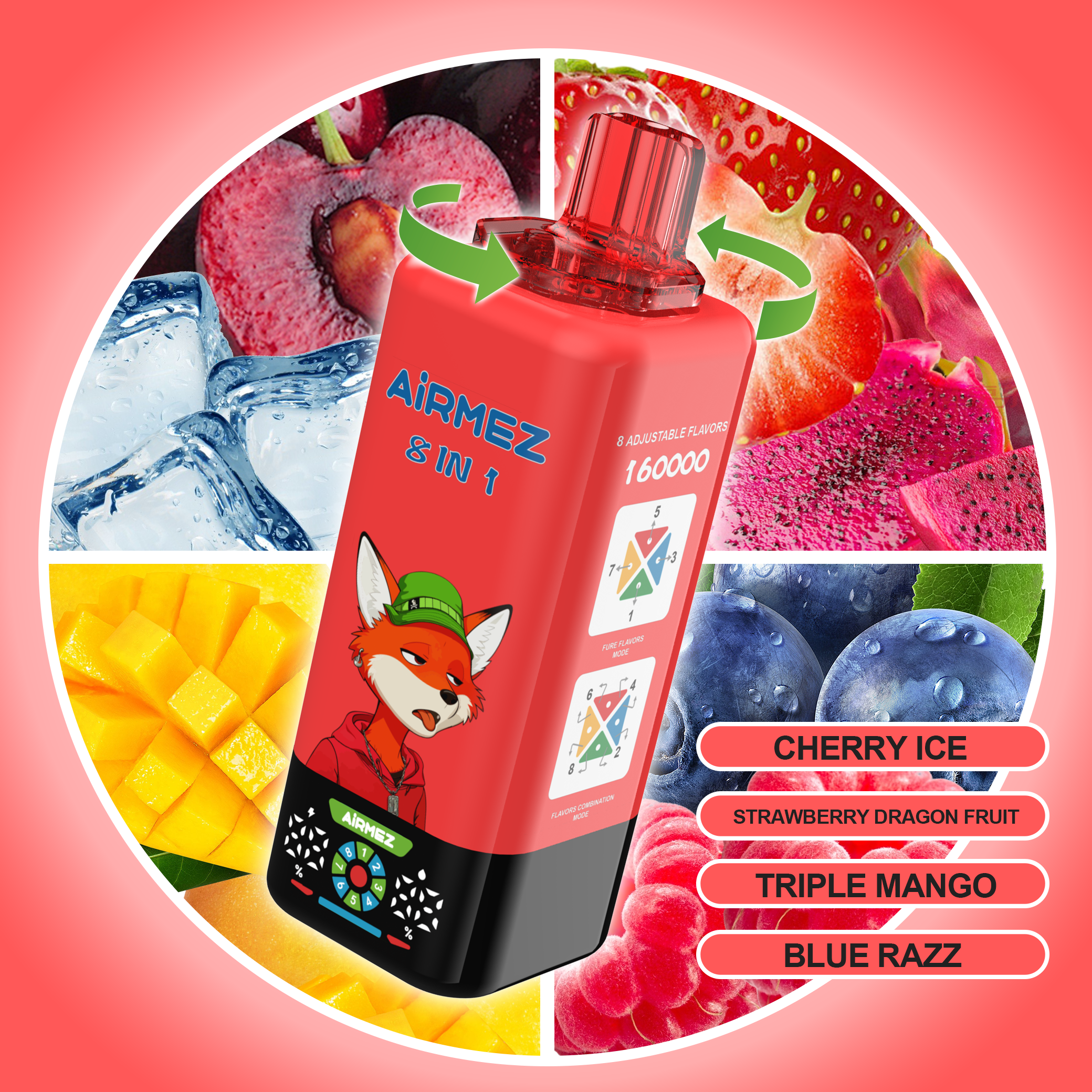 AIRMEZ FOX 8 IN 1 vape selection 6 Cherry Ice Strawberry Dragon Fruit Triple Mango Blue Razz 160K puffs vape system