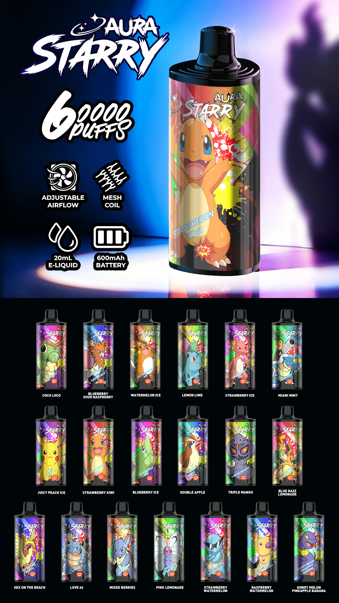 STARRY Crystal 60K de 60000 caladas con 20ml, batería de 600mAh, Mesh Coil, flujo de aire ajustable y 19 sabores