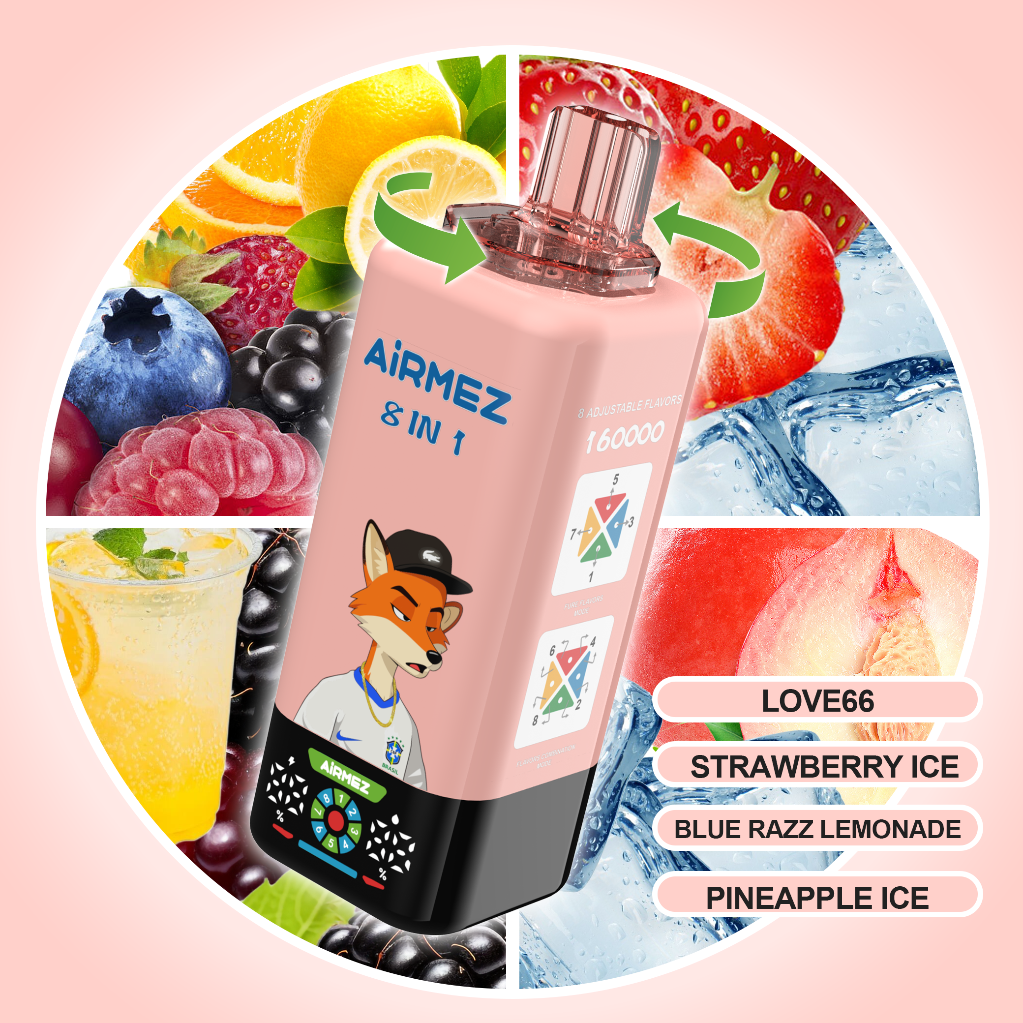 AIRMEZ FOX 8 IN 1 vape selection 2 Love66 Strawberry Ice Blue Razz Lemonade Pineapple Ice disposable vape 160000 puffs