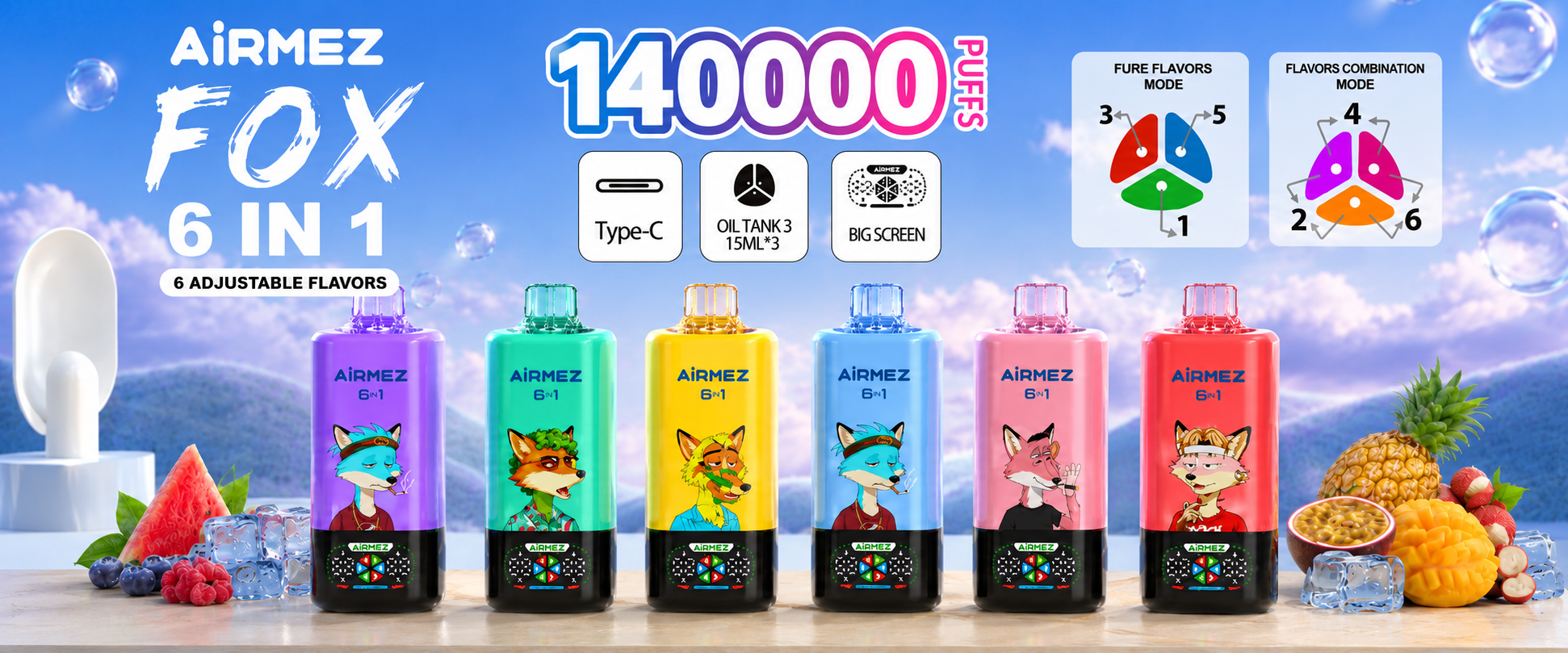 Airmez Fox 6-in-1 140K Puffs disposable vape banner with six adjustable flavors, Type-C charging, smart screen and multiple device colors