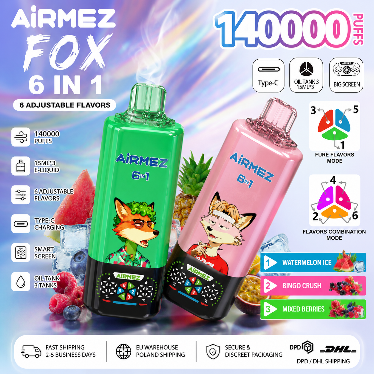 AiRMEZ FOX 6 In 1 140K Puffs Disposable Vape with 6 Adjustable Flavors, 45ML E-Liquid, Type-C Charging and Smart Display