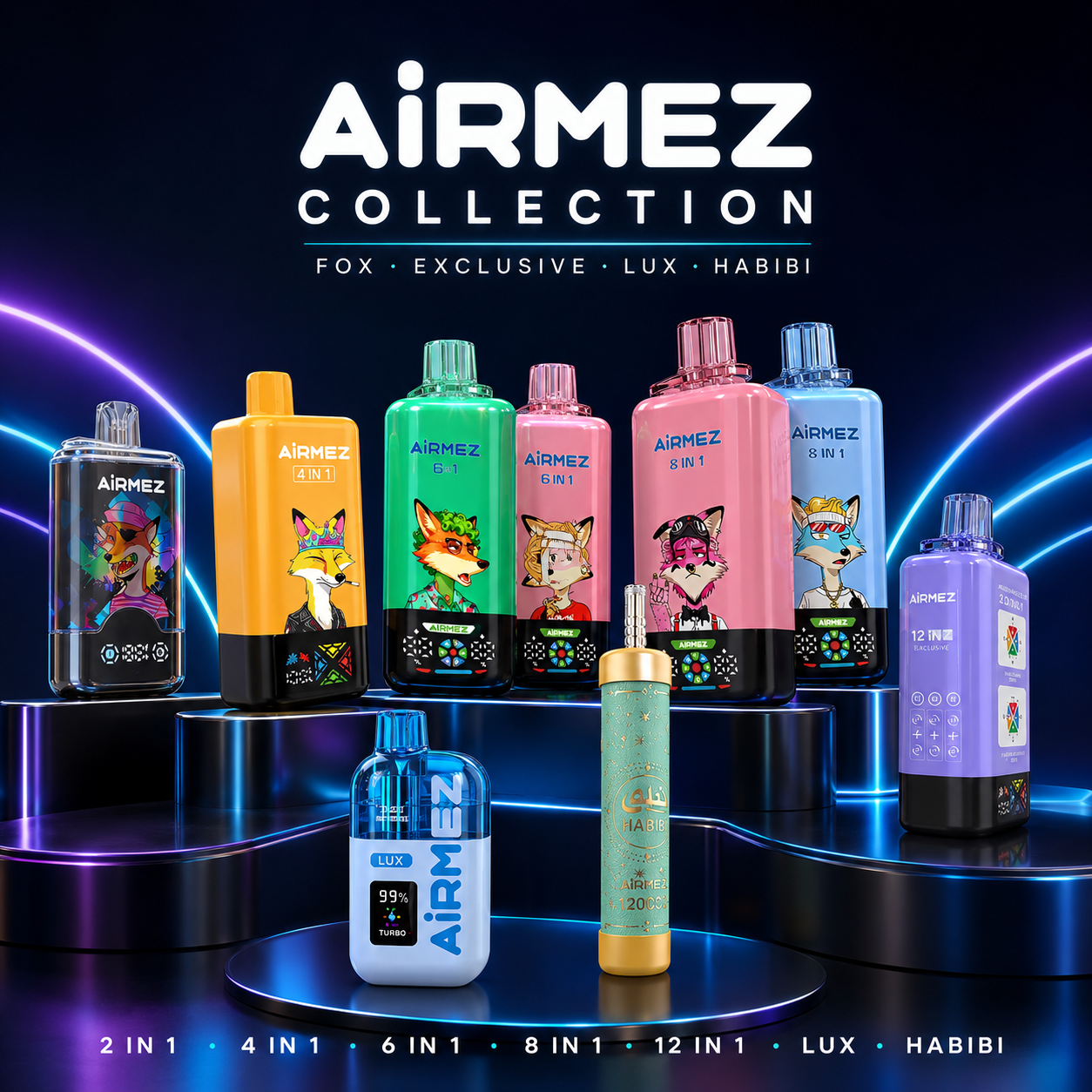 AiRMEZ vape collection featuring FOX 2 IN 1, 4 IN 1, 6 IN 1, 8 IN 1, 12 IN 1, LUX and HABIBI models