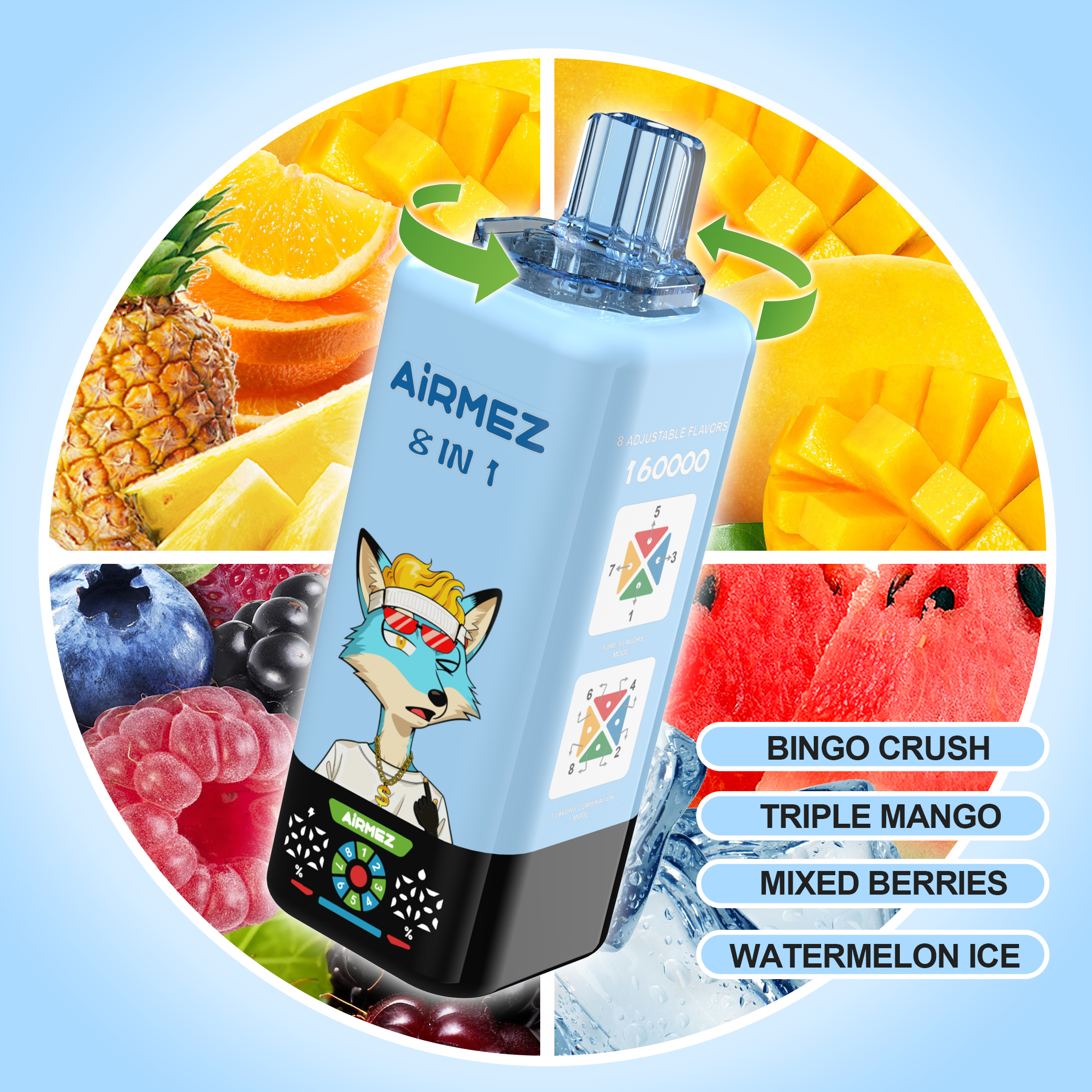 AIRMEZ FOX 8 IN 1 vape selection 1 Bingo Crush Triple Mango Mixed Berries Watermelon Ice 160K puffs disposable vape