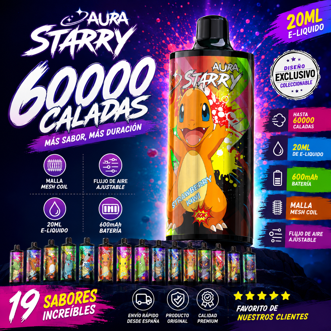 STARRY Crystal 60K Puffs Vape Desechable – 20ml, Mesh Coil, Airflow Ajustable, 600mAh