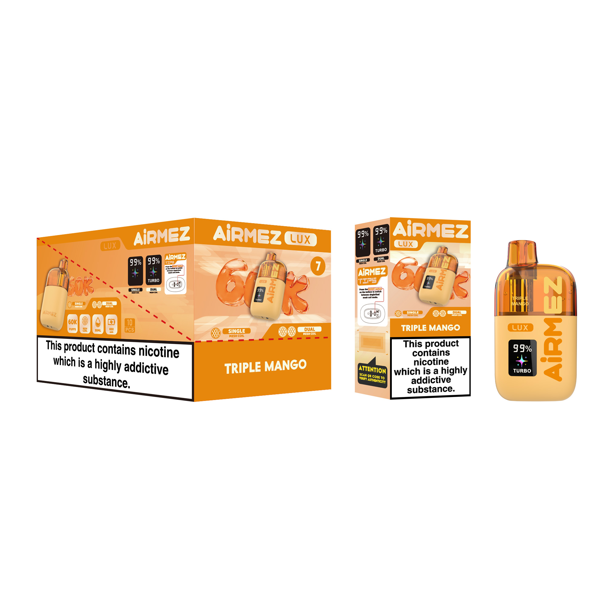 Airmez Lux 60000 Triple Mango Single Box and 10pcs Display Box