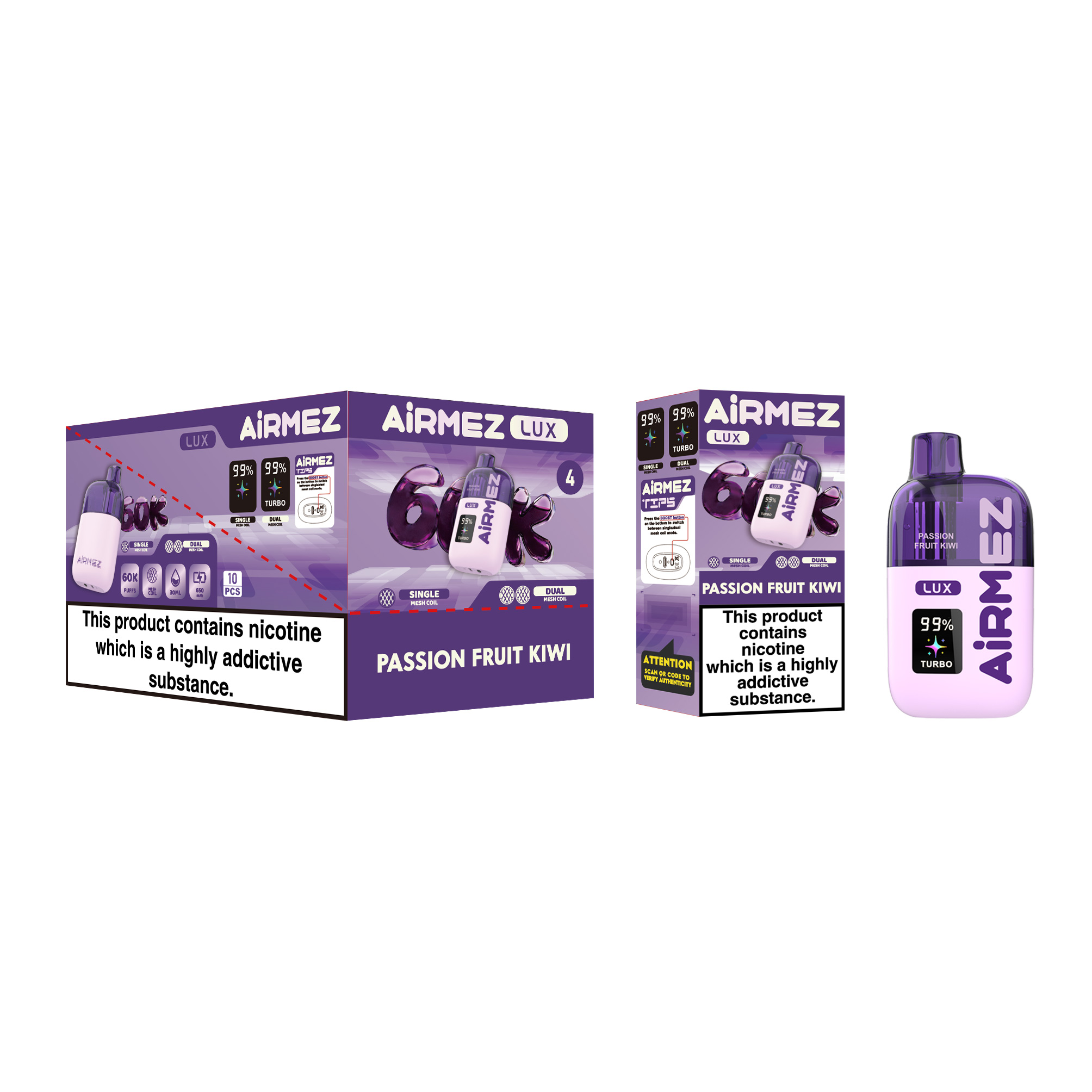 Airmez Lux 60000 Passion Fruit Kiwi Single Box and 10pcs Display Box