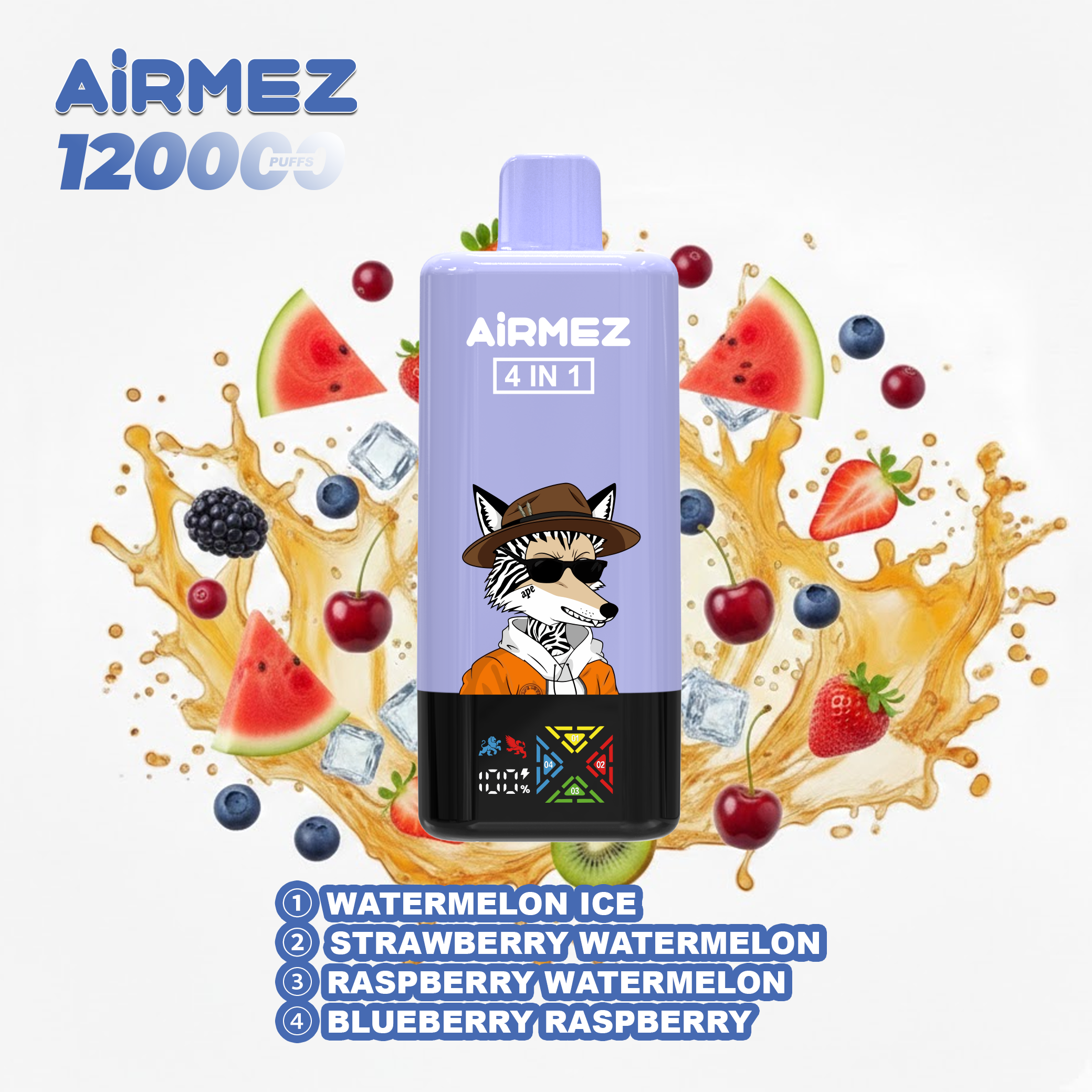 Airmez Fox 4-in-1 (120K Puffs) - Watermelon Ice & Raspberry Watermelon & Blueberry Raspberry & Strawberry Watermelon